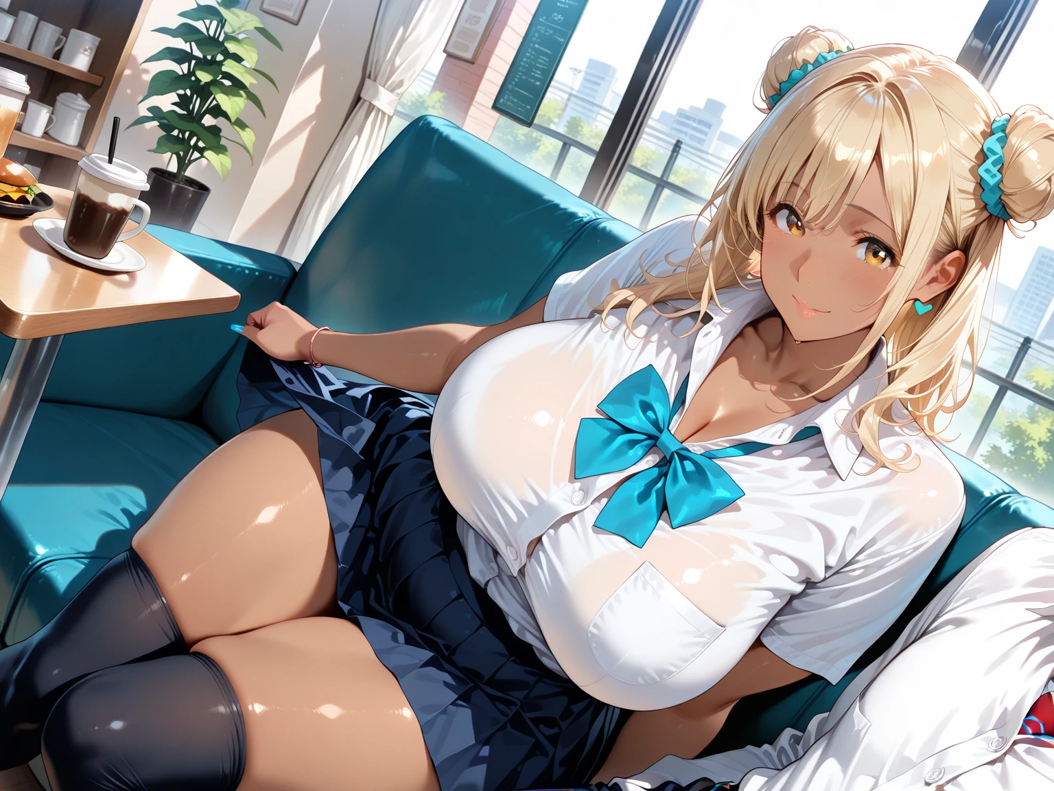 1 girl，high school girl，High-cut underwear，((Low Angle，，Sailor suit，Pointy Chest，angle of view of ceiling，Very fancy white panties，High leg panties，pubic hair，Black knee-high tights，Camel Toe))，(Squat:1.2)，（from below:1.7），((highest quality, wonderful,8k, masterpiece :1.3)), (Realistic, photoRealistic:1.4),（very fine and beautiful skin,Black Gal）,blonde,Very detailed,Cinema Lighting, Detailed light, Best Shadow, Dynamic Angle,Elaborate panties（High leg pants:1.1）,Super big boobs:1.6, Plump thighs, mini skirt（Pleated skirt），In the classroom