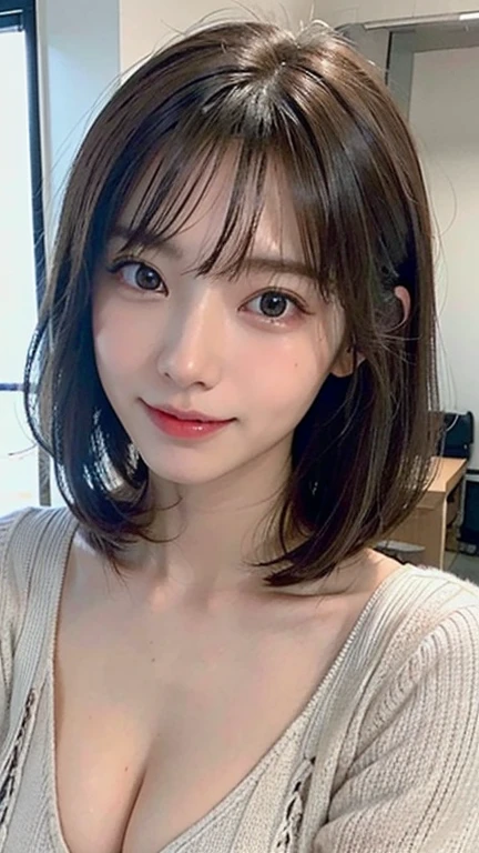 masterpiece, Best Quality,, Ultra-detailed, finely detail, hight resolution,1girl, solo, Asymmetrical Bob hair, looking at viewer, smile, open mouth, blush, bedroom, bangs, necklace, yukata clothes, 、nogizaka、Beautiful brown eyes:1.3、17-year-old, red head, absurdrez, ultra detali, high qualiy, work of art, face detailed, gorgeous eyes(detailedeyes), a face of perfect proportions