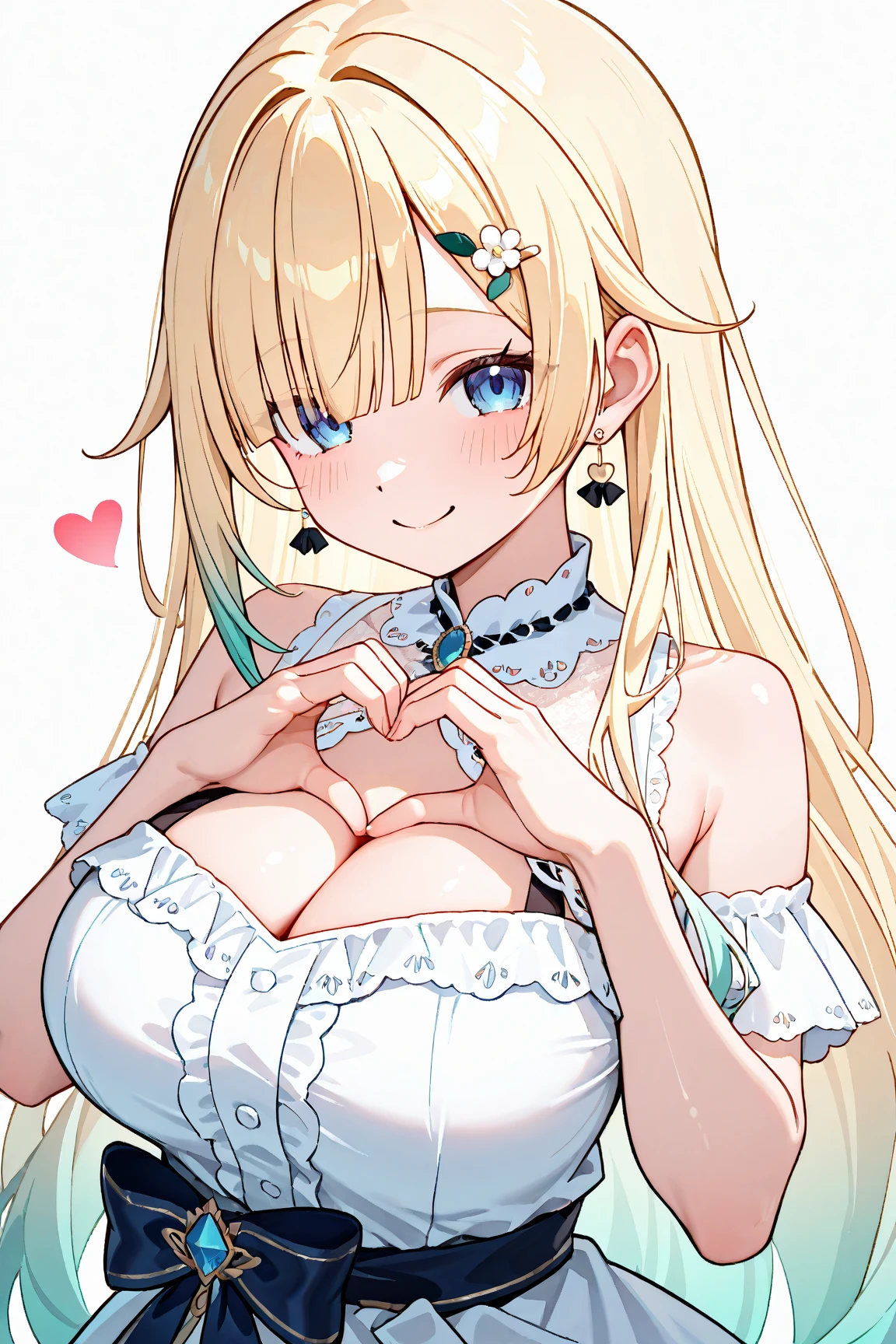 High quality, masterpiece, ultra-detailed, 1girl, bunny maid outfit, pink heart on chest, solo, peaceful expression, long blonde hair, enchanting eyes, blue and green eyes, heterochromia, bunny ears, ridiculously large breasts, shiny skin, bedroom
