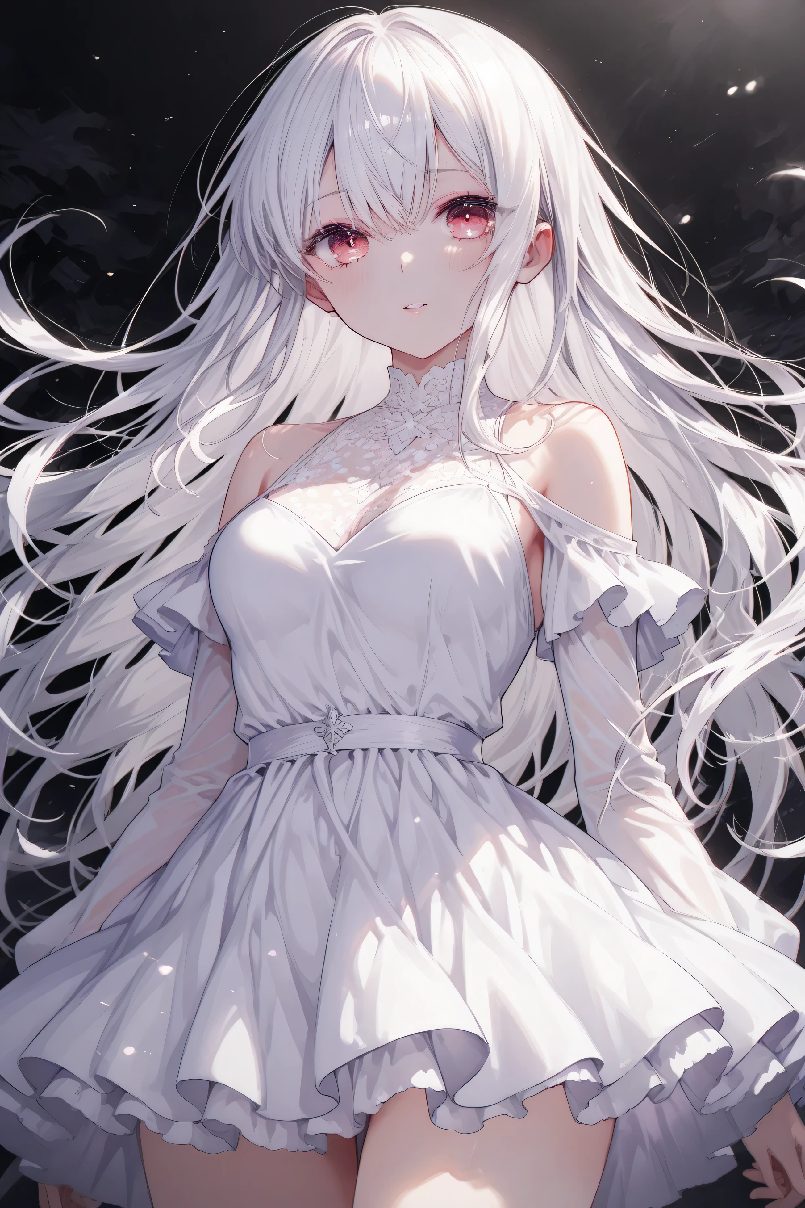 nafw,(2 girls:1.3),(duo),breast,absurdres,best quality,very aesthetic,absurdres,bra,(light silver White hair),太もも,(purple),(straight-on),(long hair),(gown),(bare breasts),(huge)