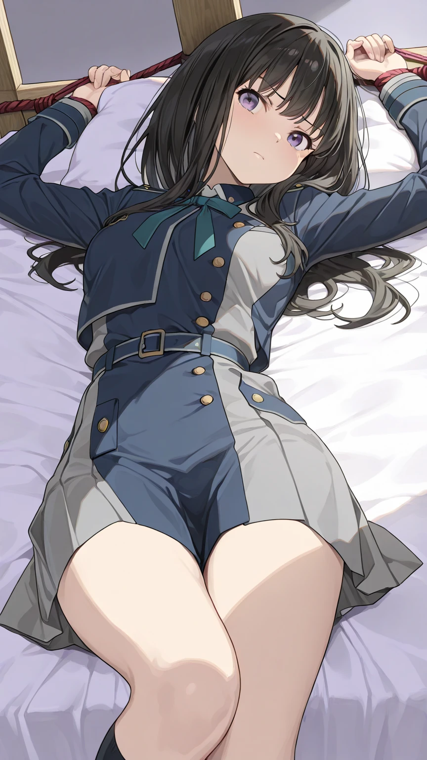 Takiinoue, Inoue Takina, Long hair, Bangs, Black hair, (Purple eyes:1.2), BREAK  shirt, Long sleeves, Dress, bow ribbon, School uniform, White shirt, Collared shirt, Belt bag, Neck ribbon, Blue Dress, Green Ribbon, pleated dress, grey dress, Two-tone dresses, Blue belt, Lycoris Uniform, ​masterpiece、top-quality、best、超A high resolution、Full body portrait、intricate-detail、An ultra-fine illustrations、perfect anatomia、Correct anatomy、perfectly proportions、Slim Faces、a small face、face perfect、Hands are２Boken、perfect hand、The feet are in２Boken、Slim legs、perfect foot、Perfect fingers、Small toes、Precise size and balance of upper and lower body、18year old、Schoolgirl with mature body type、A high school girl with long、女の子1人、Whole body from head to leg、full body Esbian、small tits、Black_Wearing white panties inside stockings、Wearing white panties inside black transparent stockings、Wearing white panties inside black stockings、Wearing white panties inside black pantyhose、Wearing white panties inside black lace pantyhose、Wearing white panties inside stockings with black lenses、Wearing black light pantyhose and white panties、Wearing black transparent pantyhose and white panties、No shoes、No shoes on、pure white under black stockings,_panties on、Small toes、Small toes、Skinny Legs、Stand on your own two feet、The crotch is visible with a panchira、Ashamed、get blush、Shame on you、Ashamed、Pure white underwear、White panties are visible、White bra visible、Not wearing a skirt、Not wearing a shirt、Not wearing a jacket、Facing the front、Inter-strands、Facing the front、Composition from the front、Panchira、Front-facing、Lower body facing forward、Slender feet、Slender thighs、Slim toes、Slender feet、brown haired、Longhaire、Japanese high school students、Bedroom、in a house、during daytime