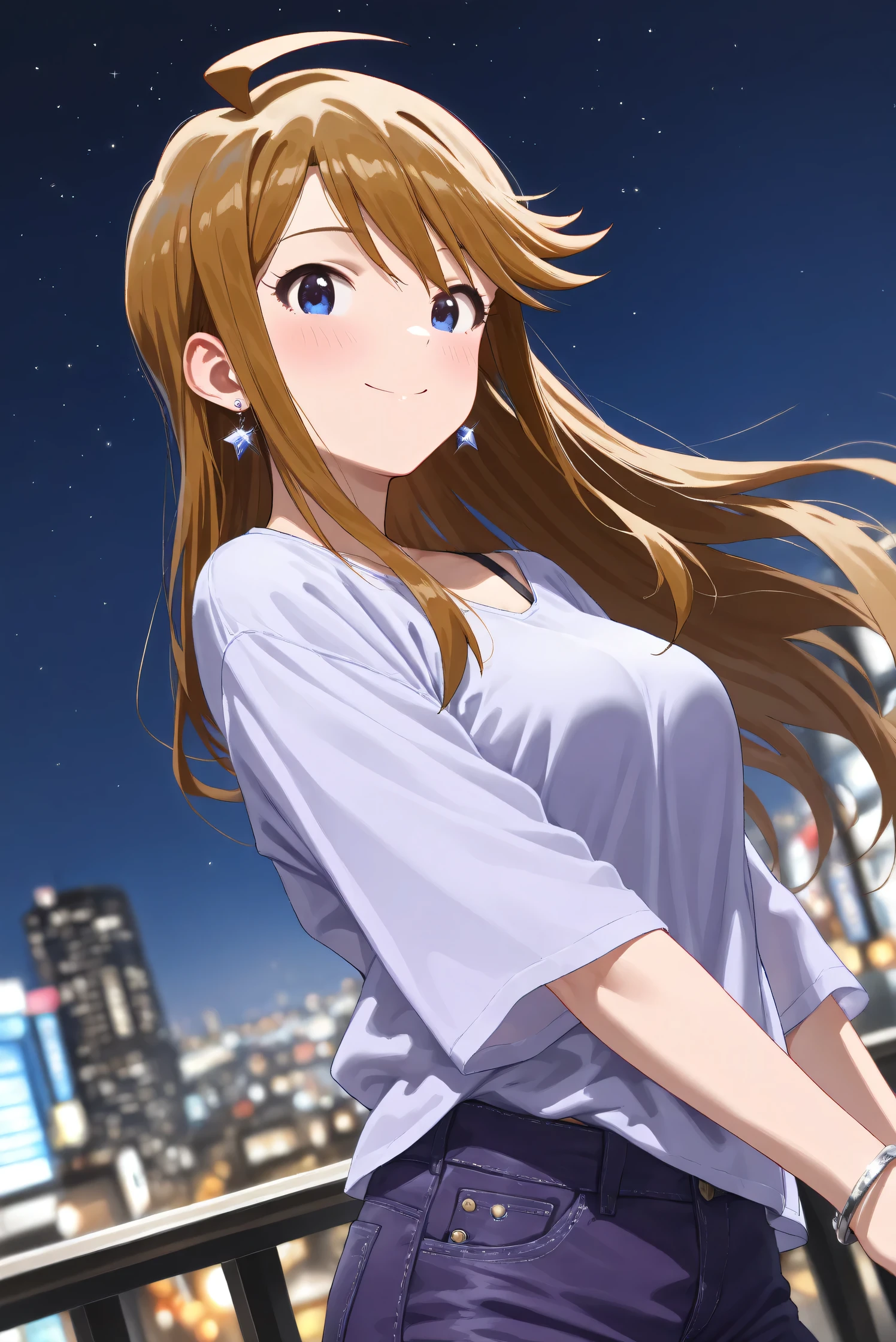 (Masterpiece), (Highest quality), (Very detailed),
(The best shape), (Best Shadow), (Absurd),
(Detailed background), (So beautiful), (Shiny),
(Extraordinary), (Countershading), (8k), (32K),
(High resolution), (Very Detailed CG), (UHD),
(Score_9), (Score_8_up), (Score_7_up),
(Source_anime), (Pastel painting:1.2),
(Watercolor painting:1.2),(Masterpiece, Detailed:1.2), (Foreshortening:1.2),
(Cinematic), (Dramatic), (Depth of field:1.4),
(Blurry background:1.4), (Realistic background:1.4),
(Dynamic angle), (1 girl),
(Outdoor), (Wind), (Japan), (Big city), (Night),
(Night view), (starry sky),
(Casual wear:1.3),
(black underwear),
(Vneck shirt), (Lilac shirt), (big shirt),
(medium sleeves shirt:0.8), (Shirt hem),
(purple short denim:1.2),
(one bracelet), (Earrings),
(Portrait),
(Focus on face), (Close up shot),
(Blush:1.3), (smile), (happy),
(Realistic skin), (Shiny skin),
(Tokoro Megumi),
(The idolmaster million live!),
(t0kor0), (medium breasts), (blue eyes), (brown hair), (swept bangs), (sidelocks), (ahoge), (long hair),