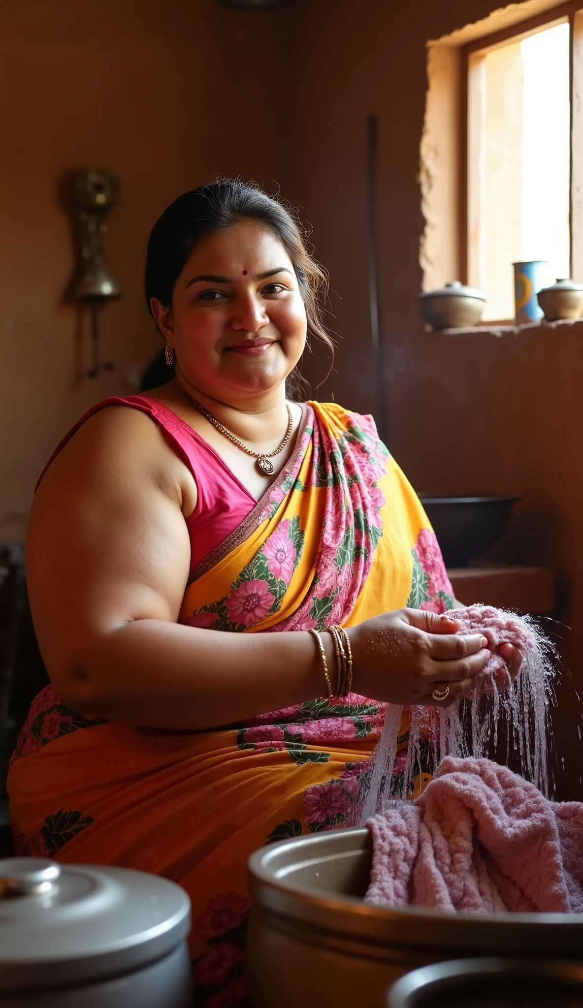 A beautiful Indian woman resembling chubby and old 40 years old honey rose closeup with big fat face and extra large chubby figure sitting inside bathroom, wearing a colorful saree with floral patterns half sleeveless and more fat hands. She is washing clothes in her hands. The setting is rustic, with clay walls, a small window letting in sunlight, and traditional cooking utensils in the background. The woman has a warm expression and looks slightly toward the camera. Vertical image, 9:16 ratio, photorealistic style.