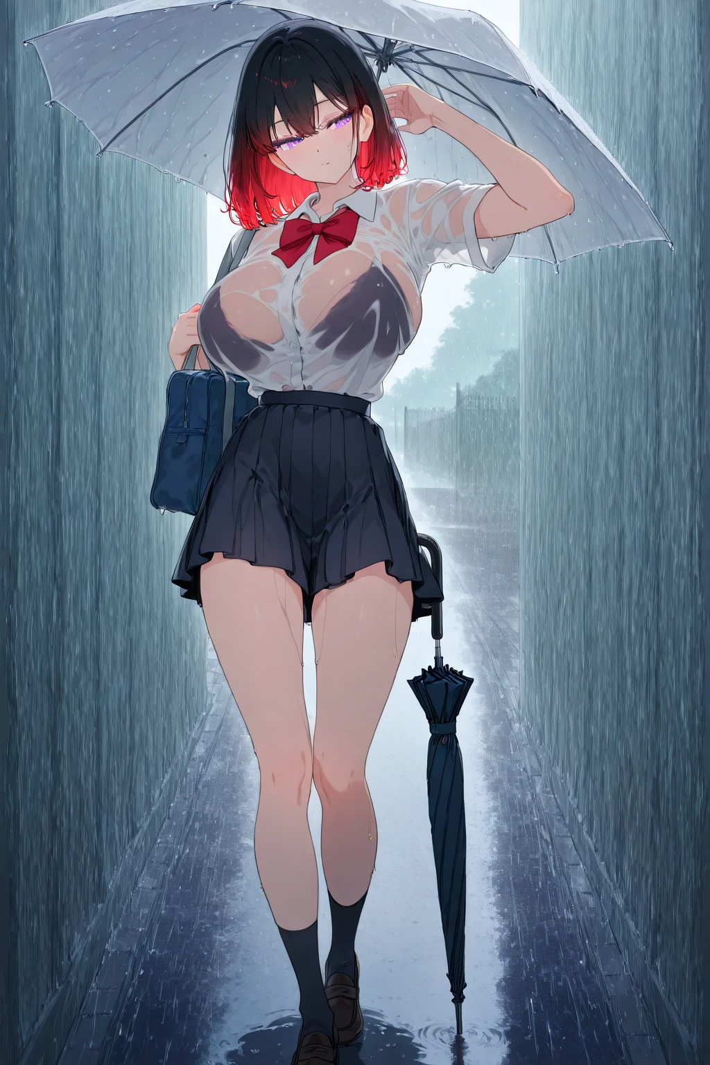 (masterpiece),(high quality), (hyper detailed), dreamlike, low angle shot, full_body, 1girl, with a umbrella, rainy day, sexy red lingeries, translucent raincoat, sad face.