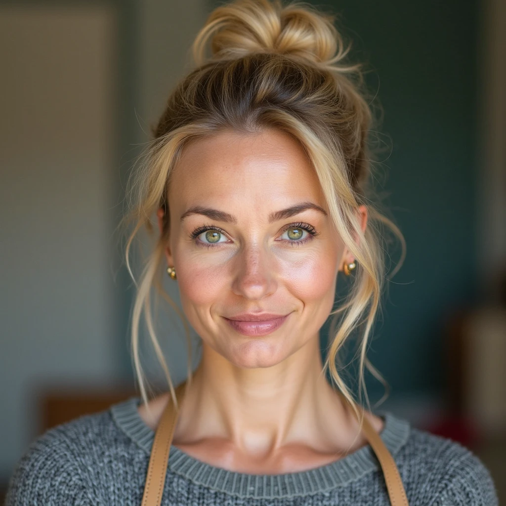 photo of a skinny very old wrinkly-faced faced mature blonde messy long hair thrown into a messy bun ponytail. She wears: (turtleneck soft high ribbed dark green super tight sweater:1.1),   pose, high tight ribbed neck,  smile, perfect fake ,  eager granny, teasing  old lady,  on her face, drenched in  