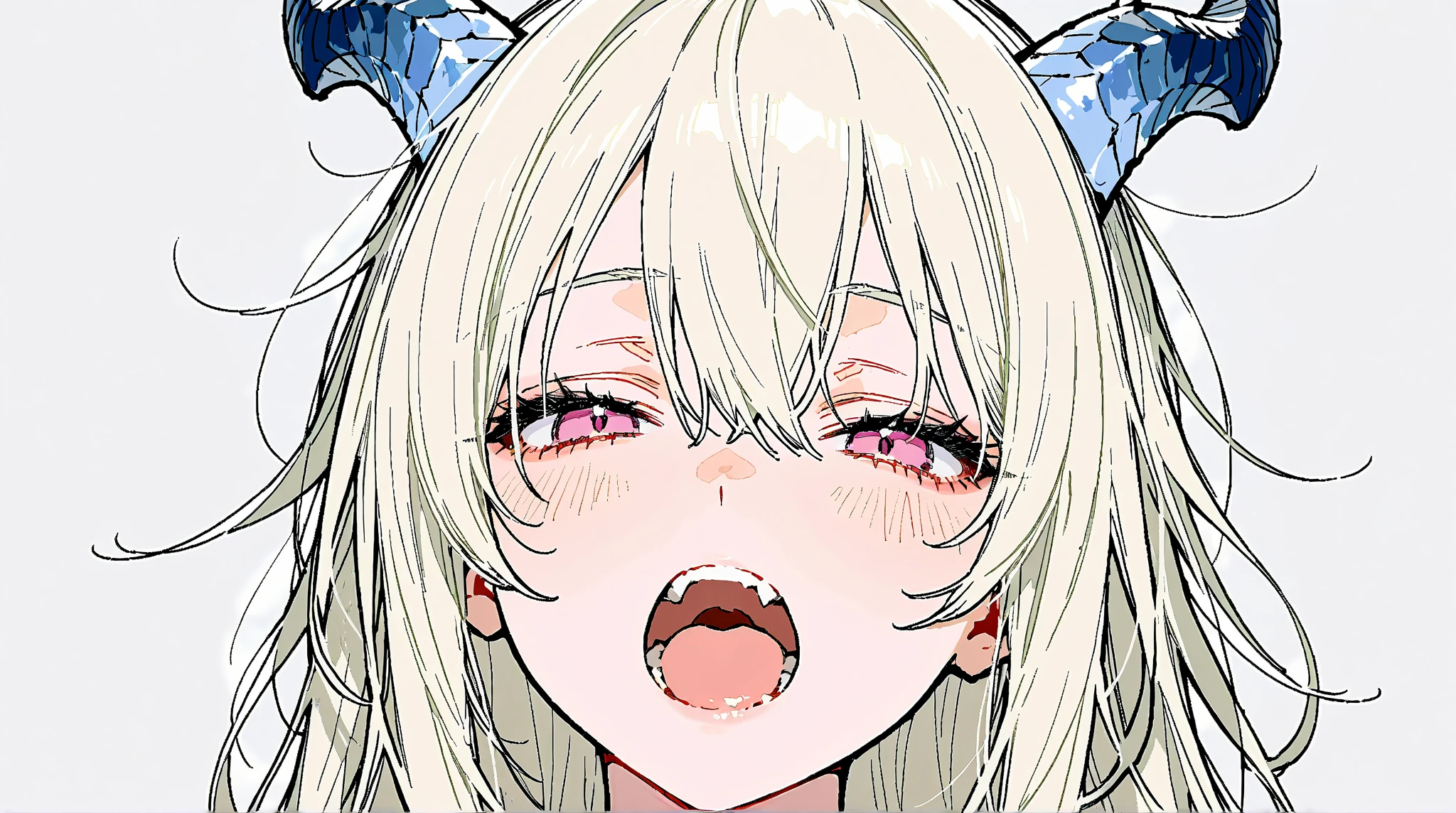 frederica, 1girl, blonde hair, green eyes, long hair, solo, sharp teeth, blush, open mouth, big mouth, tongue, tongue out, close up, saliva, uvula, uvula, room, mouth focus, excessive saliva, giantess, long tongue, large tongue,
