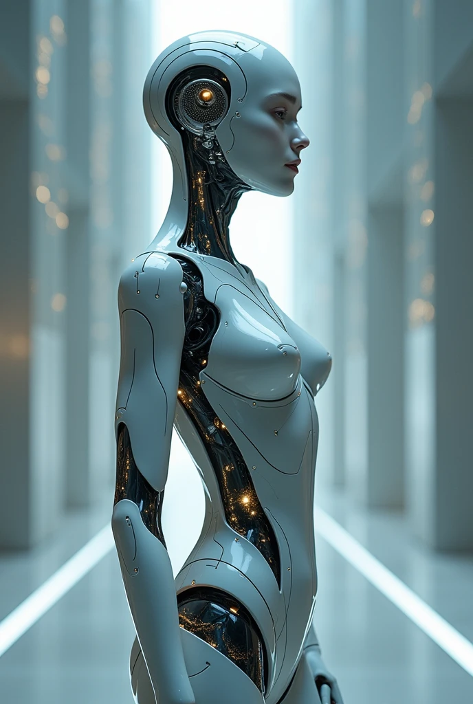 concept art cinematic film still, close up, a robot woman stands tall, half-human half machine, amongst an ancient Greek gallery of paintings and marble, religious symbolism, quantum wavetracing, high fashion editorial, glsl shaders, semiconductors and electronic computer hardware, amazing quality, wallpaper, analog film grain, perfect face skin , wet eyes. vivid warm color tone.  <lora:Artists_Edge-000006:0.4>, Made of futuristic materials with reflective textures),  [white, silver, mixed color accents], [tiny led lights set beneath translucent chassis sections] hyper realistic, real plastic textures, (scuffs, scratches, [[cracks]] on plastics),  sleek curved lines, year 3000 technology, [copper circuit lines], (an ambient occlusion render:1.1). . digital artwork, illustrative, painterly, matte painting, highly detailed