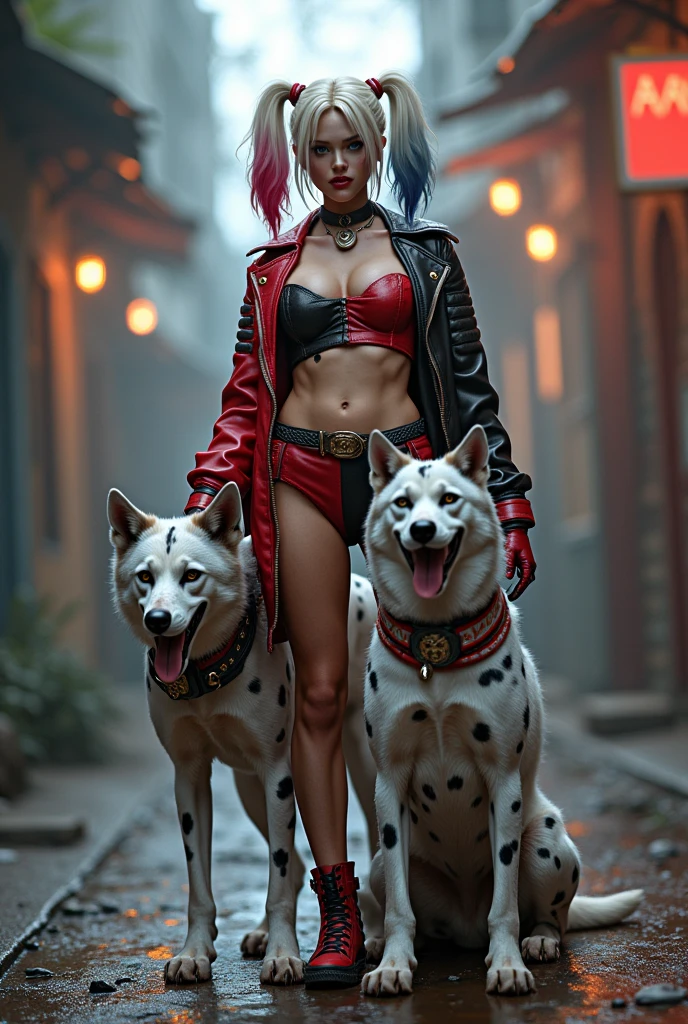 harley Quinn ,4k,high realism ,big tits,in baghdad With dogs and  crazy face naked