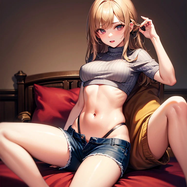 beautiful girl、Black bra top、bed、((kneel))、Turn around