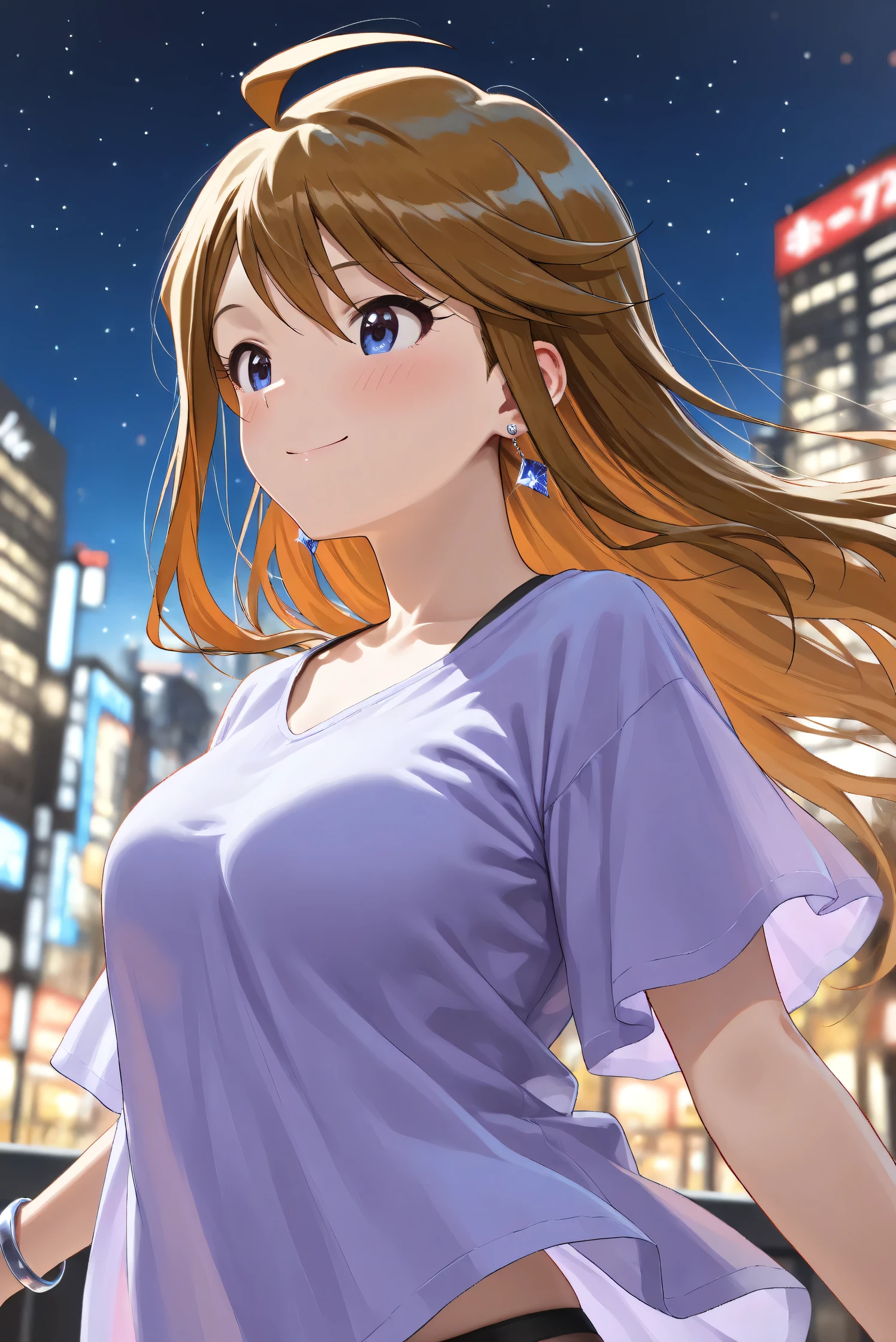 (Masterpiece), (Highest quality), (Very detailed), 
(The best shape), (Best Shadow), (Absurd), 
(Detailed background), (So beautiful), (Shiny), 
(Extraordinary), (Countershading), (8k), (32K), 
(High resolution), (Very Detailed CG), (UHD),

(Score_9), (Score_8_up), (Score_7_up), 
(Source_anime), (Pastel painting:1.2), 
(Watercolor painting:1.2),(Masterpiece, Detailed:1.2), (Foreshortening:1.2),

(Cinematic), (Dramatic), (Depth of field:1.4),
(Blurry background:1.4), (Realistic background:1.4),
(Dynamic angle), (1 girl),
(Outdoor), (Wind), (Japan), (Big city), (Night), 
(Night view), (starry sky), 

(Casual wear:1.3),
(black underwear),
(Vneck shirt), (Lilac shirt), (big shirt),
(medium sleeves shirt:0.8), (Shirt hem),
(one bracelet), (Earrings),

(Portrait),
(Focus on face), (Close up shot:1.1),
(Blush:1.3), (smile), (happy), 
(Realistic skin), (Shiny skin),

(Tokoro Megumi),
(The idolmaster million live!),
(t0kor0), (medium breasts), (blue eyes), (brown hair), (swept bangs), (sidelocks), (ahoge), (long hair),