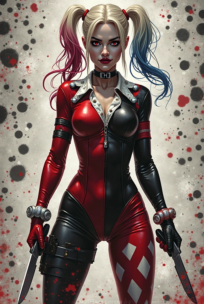 Lady Gaga as a Harley Quinn. A sexy Harley Quinn from DC Comics. High-resolution artwork, vivid colors, and sharp focus. Extremely detailed face with beautiful eyes, detailed lips, and long eyelashes. Emphasize her mischievous grin and playful expression. She is wearing her iconic red and black jester outfit, with a mini-dress, fishnet stockings, and black boots. Her outfit should be vibrant and eye-catching. The background should be a dark and moody Gotham City alley with hints of neon lights and graffiti. Captivate the essence of her character,  her both seductive and dangerous. The artwork should have a comic book style, with bold lines and exaggerated features, sexy, naughty, rear view