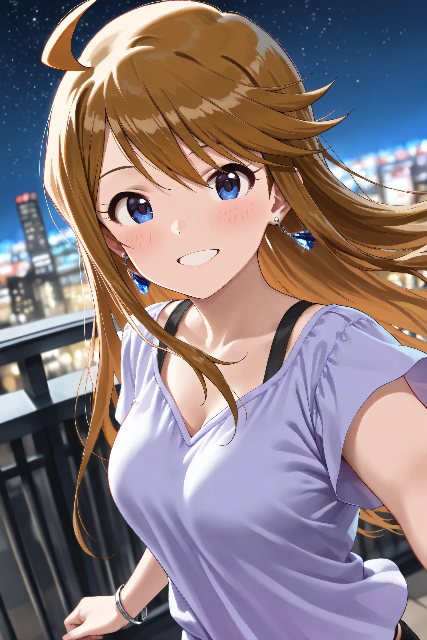 (Masterpiece), (Highest quality), (Very detailed),
(The best shape), (Best Shadow), (Absurd),
(Detailed background), (So beautiful), (Shiny),
(Extraordinary), (Countershading), (8k), (32K),
(High resolution), (Very Detailed CG), (UHD),
(Score_9), (Score_8_up), (Score_7_up),
(Source_anime), (Pastel painting:1.2),
(Watercolor painting:1.2),(Masterpiece, Detailed:1.2), (Foreshortening:1.2),
(Cinematic), (Dramatic), (Depth of field:1.4),
(Blurry background:1.4), (Realistic background:1.4),
(Dynamic angle), (1 girl),
(Outdoor), (Wind), (Japan), (Big city), (Night),
(Night view), (starry sky),
(Casual wear:1.3),
(black underwear),
(Vneck shirt), (Lilac shirt), (big shirt),
(medium sleeves shirt:0.8), (Shirt hem),
(one bracelet), (Earrings),
(Portrait),
(Focus on face), (Close up shot:1.1),
(Blush:1.3), (smile), (happy),
(Realistic skin), (Shiny skin),
(Tokoro Megumi),
(The idolmaster million live!),
(t0kor0), (medium breasts), (blue eyes), (brown hair), (swept bangs), (sidelocks), (ahoge), (long hair),