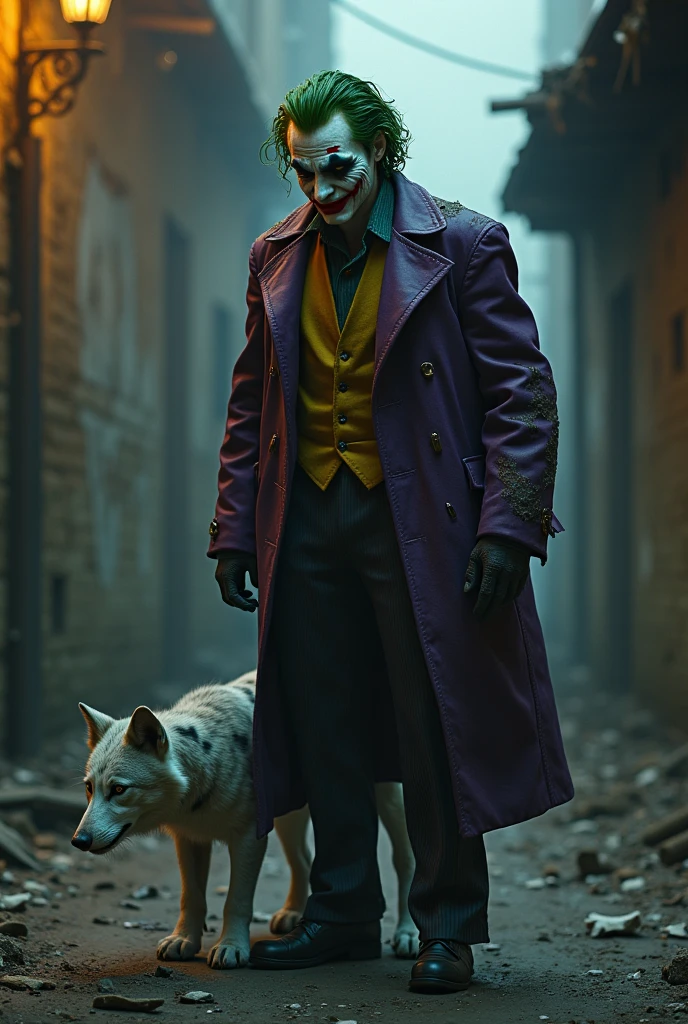 The Joker walking with a dog in the middle of the streets of New York at night, the wind blows up the garbage bags, an inhospitable image