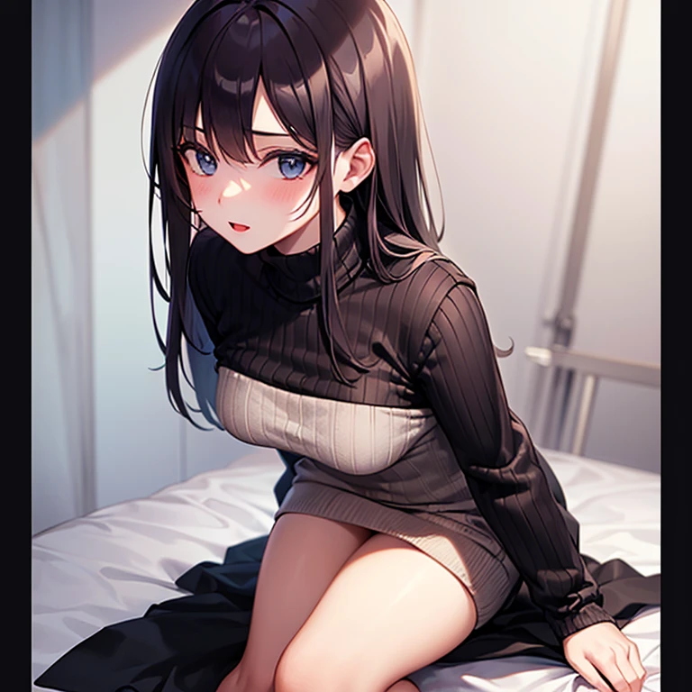 Spread your legs、Spread your legs、girl、Home、night、On the bed、Short black skirt、Black Pantyhose、Long, dark hair、School Swimsuit