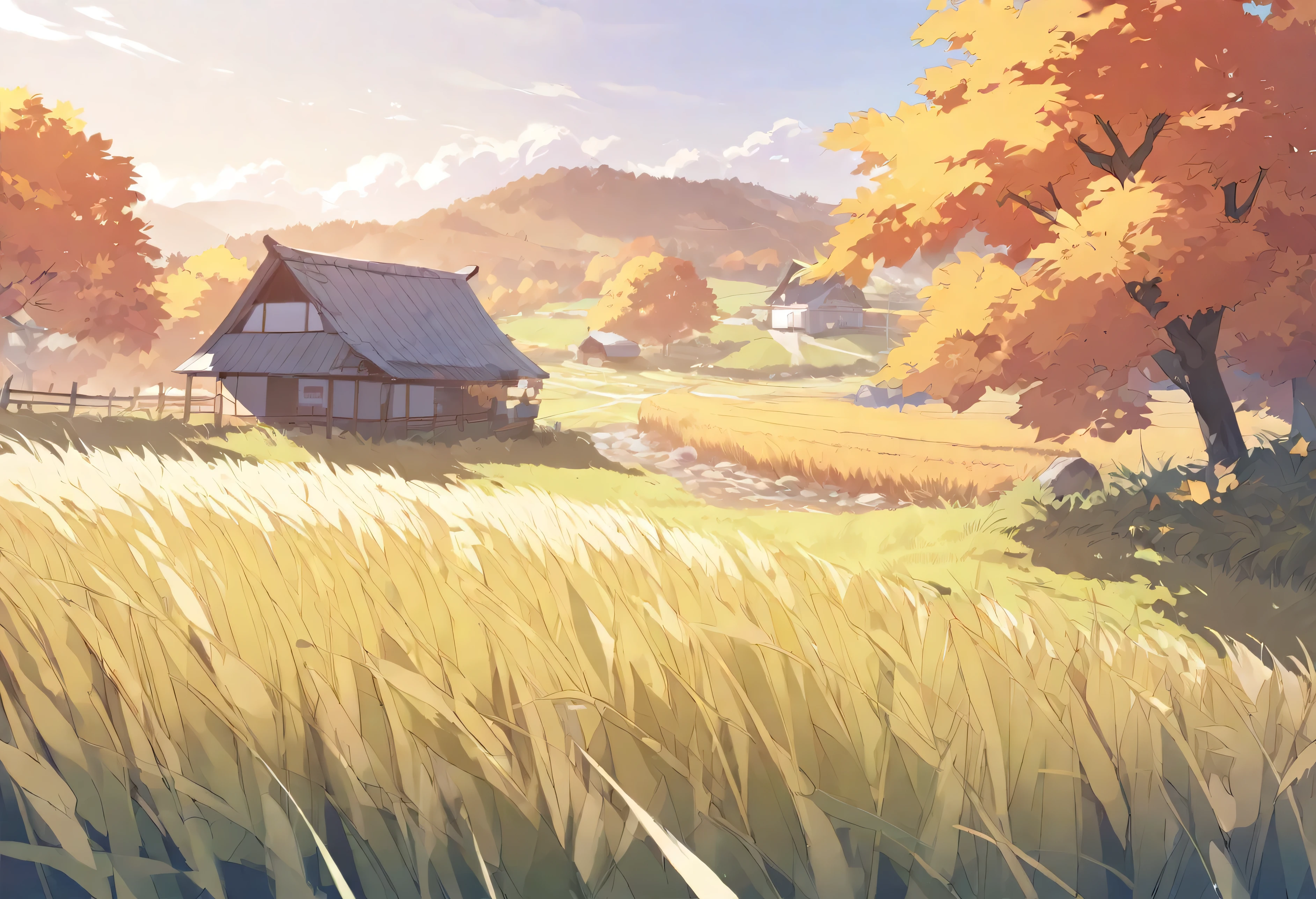 Autumn rural landscape,Rice field swaying with the wind