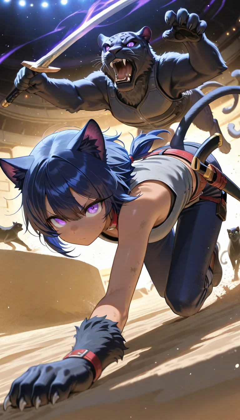 A Little Girl, Short Hair, Purple Hair, Small Purple Cat Ears, A Purple Cat's Tail, Blue Eyes, Assassin Clothing, Amine Style