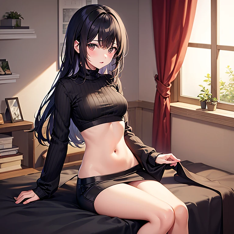 Young woman, sexy, black hair, on the bed, black open panties, black turtleneck