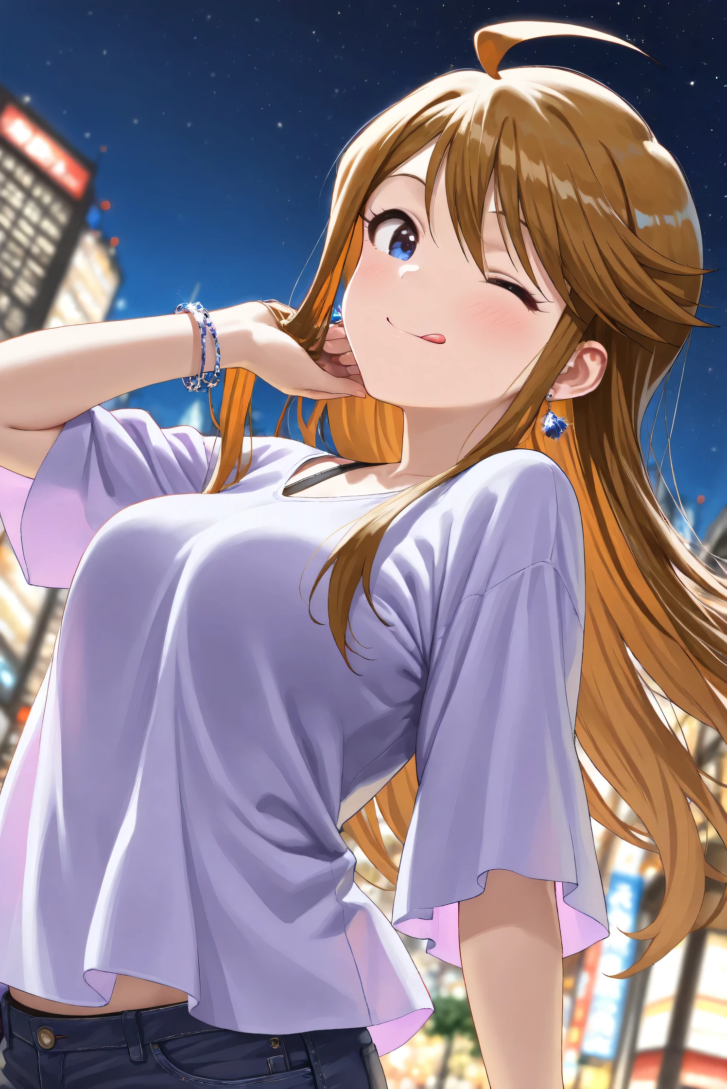 (Masterpiece), (Highest quality), (Very detailed),
(The best shape), (Best Shadow), (Absurd),
(Detailed background), (So beautiful), (Shiny),
(Extraordinary), (Countershading), (8k), (32K),
(High resolution), (Very Detailed CG), (UHD),
(Score_9), (Score_8_up), (Score_7_up),
(Source_anime), (Pastel painting:1.2),
(Watercolor painting:1.2),(Masterpiece, Detailed:1.2), (Foreshortening:1.2),
(Cinematic), (Dramatic), (Depth of field:1.4),
(Blurry background:1.4), (Realistic background:1.4),
(Dynamic angle), (1 girl),
(Outdoor), (Wind), (Japan), (Big city), (Night),
(Night view), (starry sky),
(Casual wear:1.3),
(black underwear),
(Vneck shirt), (Lilac shirt), (big shirt),
(medium sleeves shirt:0.8), (Shirt hem),
(one bracelet), (Earrings),
(purple short denim:1.2),
(Portrait),
(Focus on face), (Close up shot:1.1),
(Blush:1.3), (smile), (happy),
(one eye closed), (tongue out),
(Realistic skin), (Shiny skin),
(Tokoro Megumi),
(The idolmaster million live!),
(t0kor0), (medium breasts), (blue eyes), (brown hair), (swept bangs), (sidelocks), (ahoge), (long hair),