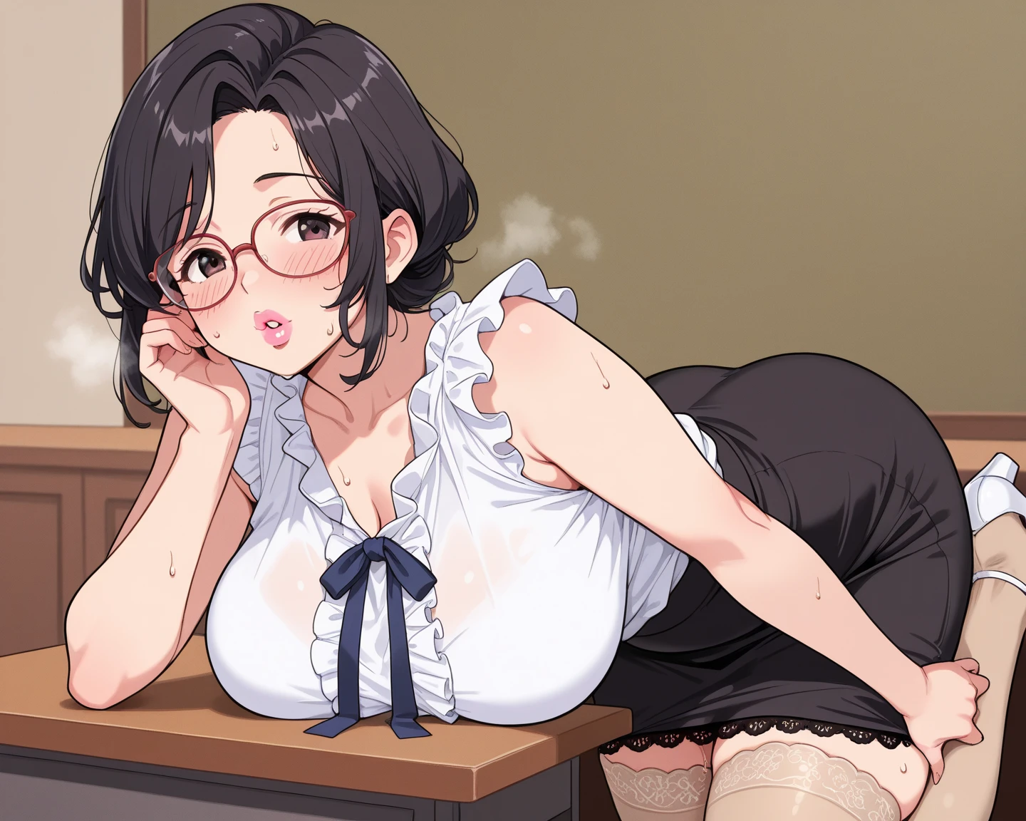 tmasterpiece, best qualtiy, A MILF,Beautiful detailed love eyes, Extremely detailed face,Heavy makeup,Glasses, Purple shirt, Open shirt, Black bra, cleavage, Large of breast,big assa, pencil skirts, Pantyhose, High heels, view the viewer, arms behind head,Temptation in the eyes,ssmile,opening legs,squating, lounge room