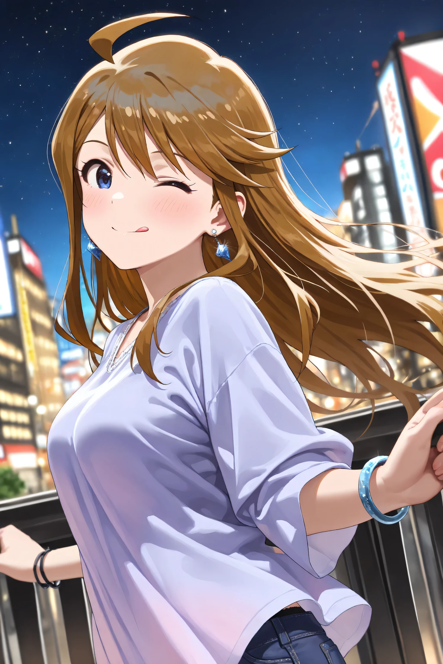 (Masterpiece), (Highest quality), (Very detailed),
(The best shape), (Best Shadow), (Absurd),
(Detailed background), (So beautiful), (Shiny),
(Extraordinary), (Countershading), (8k), (32K),
(High resolution), (Very Detailed CG), (UHD),
(Score_9), (Score_8_up), (Score_7_up),
(Source_anime), (Pastel painting:1.2),
(Watercolor painting:1.2),(Masterpiece, Detailed:1.2), (Foreshortening:1.2),
(Cinematic), (Dramatic), (Depth of field:1.4),
(Blurry background:1.4), (Realistic background:1.4),
(Dynamic angle), (1 girl),
(Outdoor), (Wind), (Japan), (Big city), (Night),
(Night view), (starry sky),
(Casual wear:1.3),
(black underwear),
(Vneck shirt), (Lilac shirt), (big shirt),
(medium sleeves shirt:0.8), (Shirt hem),
(one bracelet), (Earrings),
(purple short denim:1.2),
(Portrait),
(Focus on face), (Close up shot:1.1),
(Blush:1.3), (smile), (happy),
(one eye closed), (tongue out),
(Realistic skin), (Shiny skin),
(Tokoro Megumi),
(The idolmaster million live!),
(t0kor0), (medium breasts), (blue eyes), (brown hair), (swept bangs), (sidelocks), (ahoge), (long hair),
