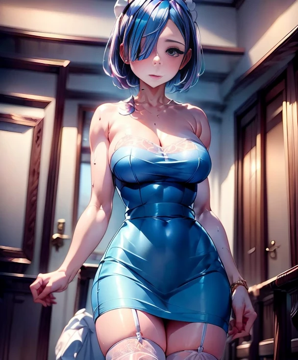 (8k, RAW photo, best quality, masterpiece:1.2), (intricate details), perfect eyes, perfect face, perfect lighting, beautiful, (masterpiece:1.2), (best quality:1.2), 1girl, solo, Marinette, blue hair, ((long loosen hair)), adult torso, 19 years old, slight smile, huge sized breasts, (pink dress), cowboy shot, 3DMM, standing, back view