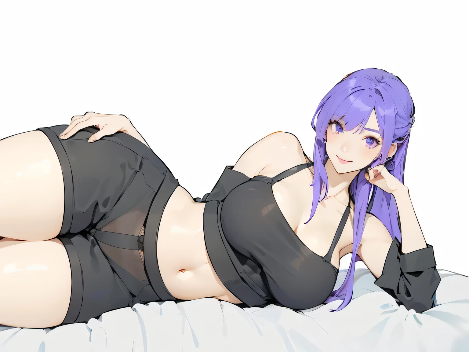 1girl, 8k, best quality, perfect body, UHD, meisterwerk, Beautiful girl, seductive girl, anime-girl, anime stil, ((wearing a sports bikini, wearing a miniskirt)), ((Big , bauchfrei, sportlich, leichte bauchmuskeln, schlank, purple hair, lange haare, has twin braids)), sexy, cute, tsundere, ((liegt auf einem bett)), full body anime pose