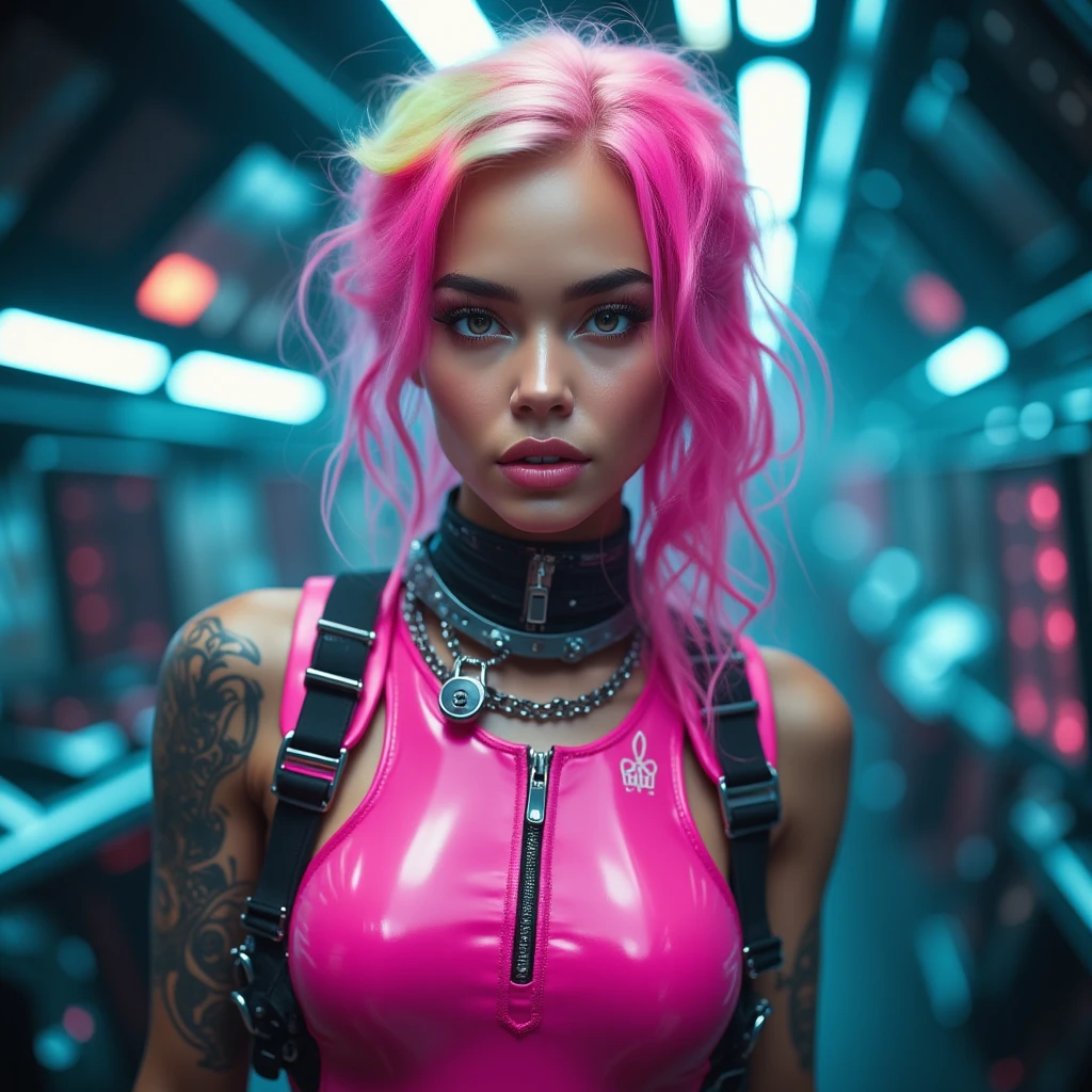 photo of woman, sexy, large breasts, punk, pink hair, one side shaved head,
([Katy Perry|Candice Swanepoel|Scarlett Johansson]:0.85), [owler style|puffy lips],
armor suit, hips, sensual, shinny skin, oily skin, tattoos, close up, face focus,
detailed face, lips, choker, jewelry, 
[(colorful explosion psychedelic paint colors:1.21)::0.2],
kitchen, 
masterpiece, best quality, rainbow colors, colorful, high contrast,