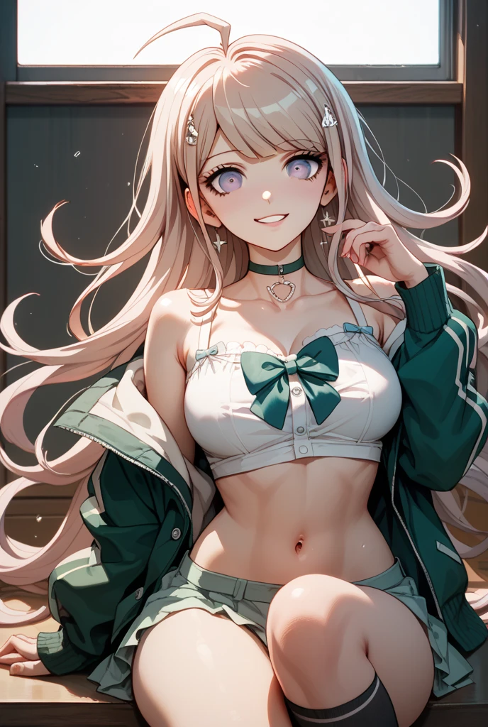 (((anime))), ((animated)), (GAL), medium hair, (braid hair:1.3), (blunt bangs:1.2),two-tone hair, blonde hair, (pink hair), round face, red eyes, (drooping eyes), (((tareme))),Pink Lip,piercing,necklace,[black skin], light smile, ((((cute)))), beautiful, 1 girl, solo, (cardigan:1.4), [cleavage cutout],spread legs,beautiful background,(classroom:1.5),morning,sunlight,backlighting,masterpiece,best quality,exquisite,8k,absurdres,super fine illustration,(looking at viewer),