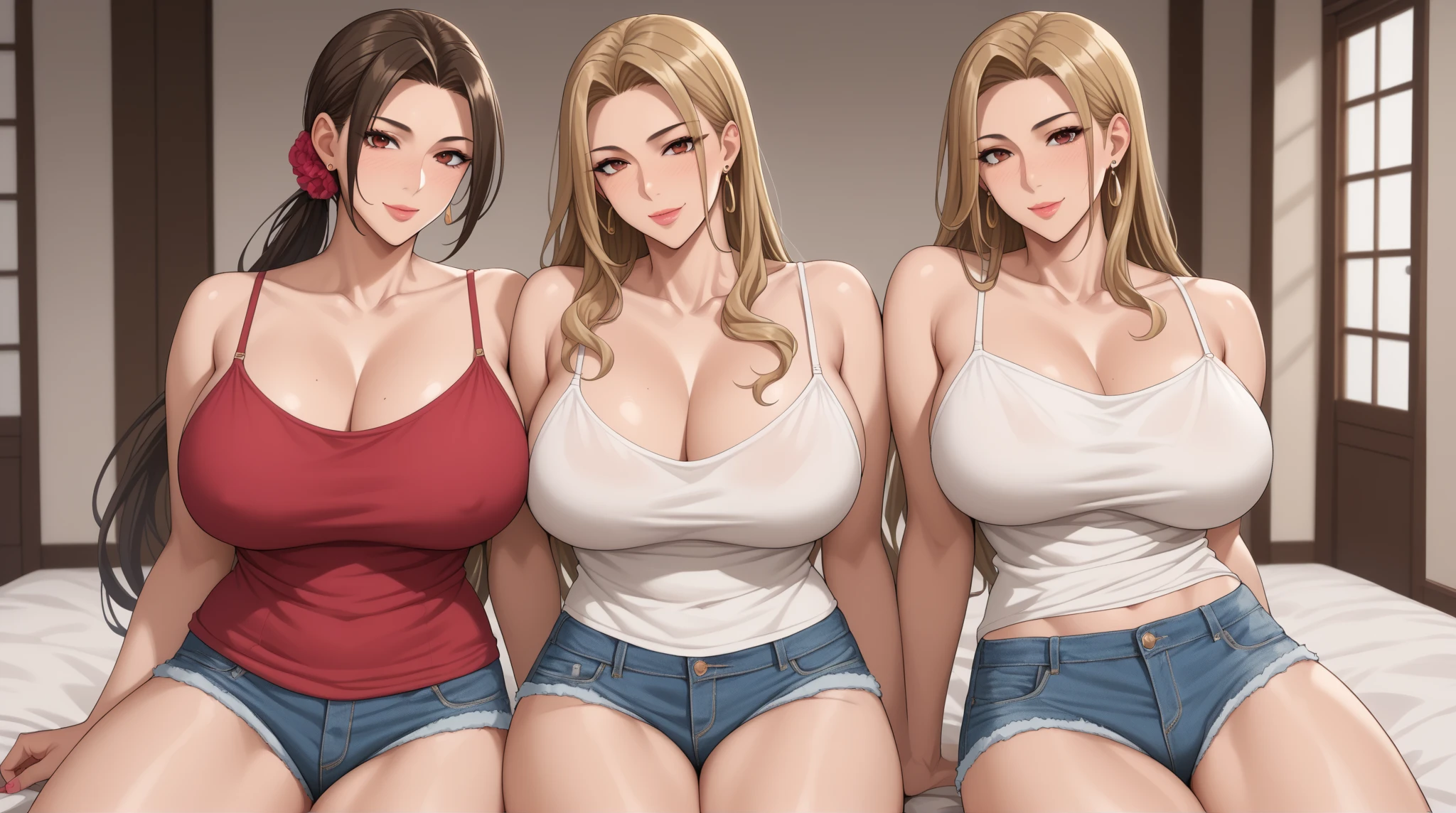 Masterpiece,best quality, highres, perfect anatomy, 8k,Muscular woman,beautiful, tight dress, tube top,brown hair, dark skin tone, gigantic breasts,smiling and looking at the camera, standing, sun rays, window lighting, hdr, antialiased, 8k, sharp details, (hdr:1.2), (muted colors:1.2), RAW photo, film grain, Fujifilm XT3, highly detailed, masterpiece, slendered abs, puffy lips,flexing at viewer