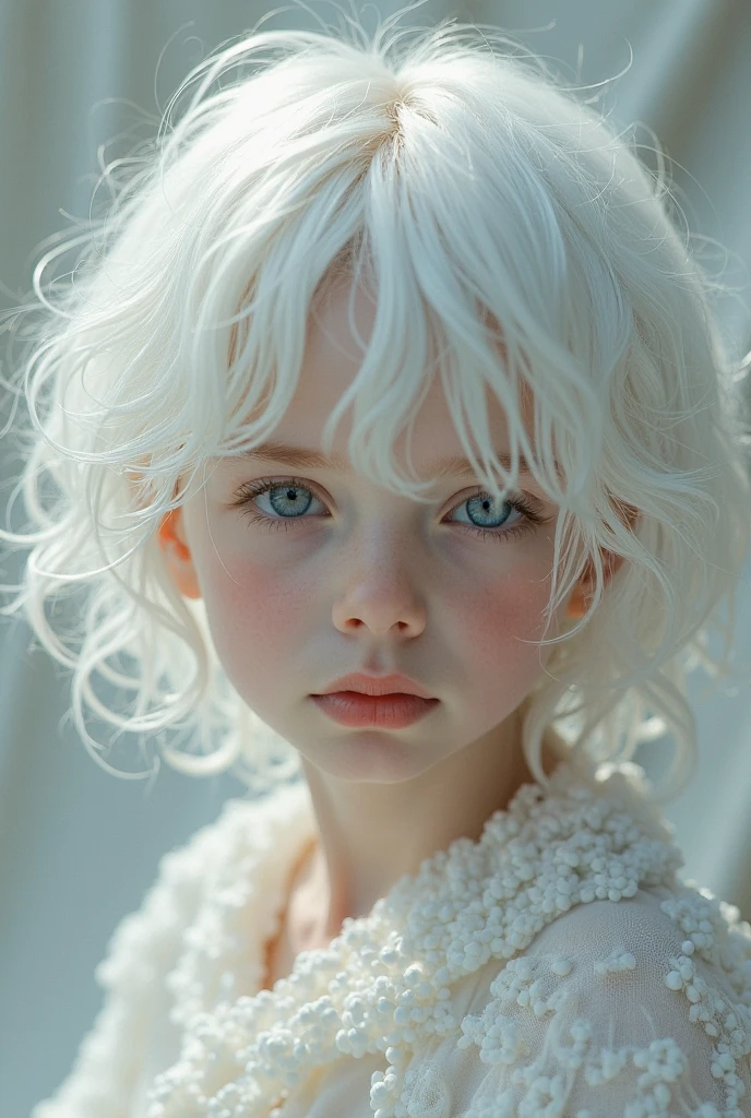 A four-year-old albino girl with curly white hair and blue eyes