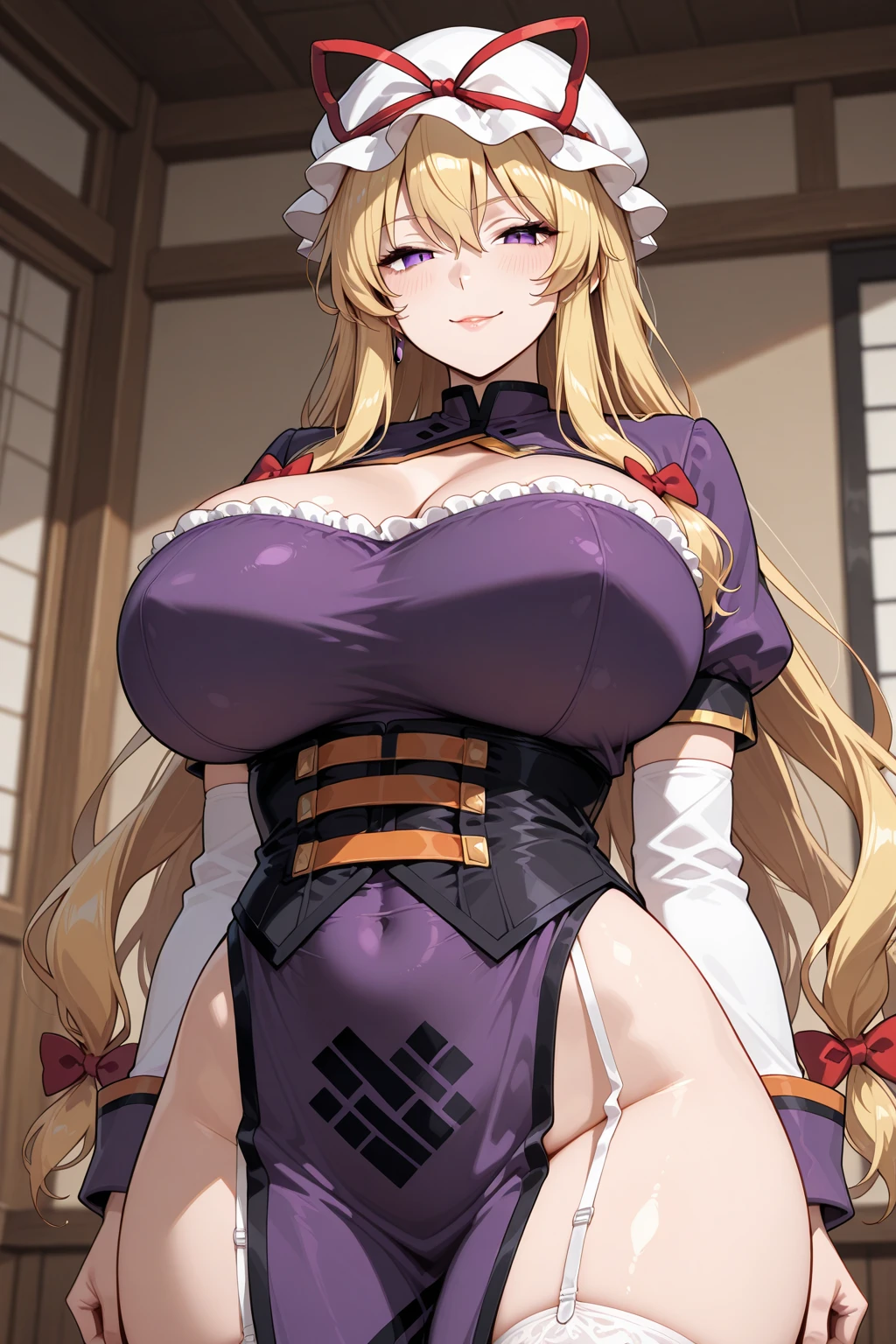 single female, long blonde hair, large chest, patterned kimono, kneeling on bed, seductive smile, blushing, (SOLO), bare legs, cleavage, boobs, shiny silk kimono, pattern kimono, flower in hair, full lips, (shiny) (pink kimono with gold and red and purple), green eyes