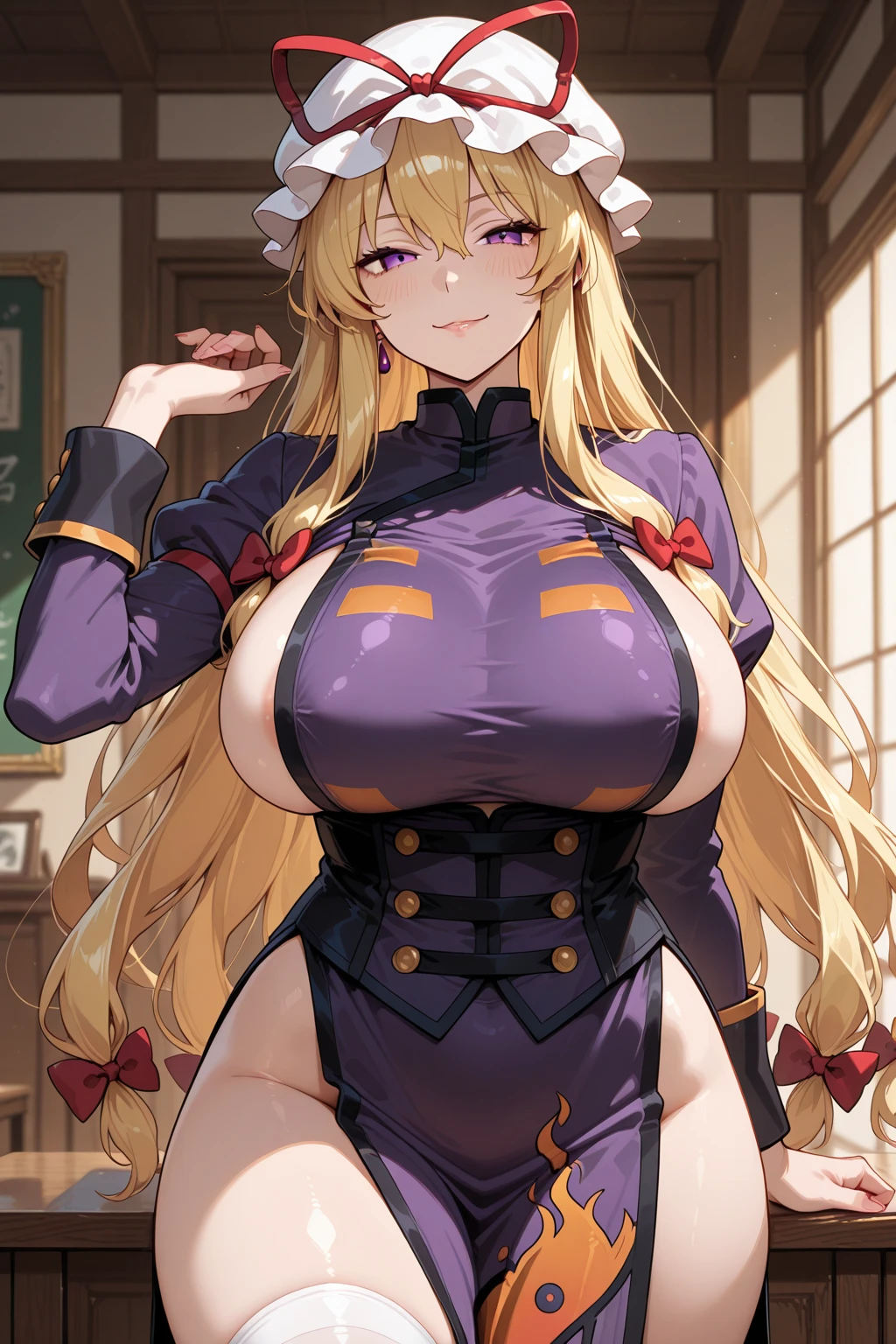 Create an ecchi artwork of Tsunade from Naruto. She is in her office, dressed in her signature outfit but with a more revealing twist – her kimono is slightly open, showing off her ample cleavage and toned midriff. She’s leaning against her desk with a seductive smile, her eyes glancing provocatively towards the viewer. Her long blonde hair cascades down her back, and the lighting in the room casts a warm glow on her flawless skin. The background features a glimpse of her office, with scrolls and ninja tools neatly arranged, adding to the immersive atmosphere.