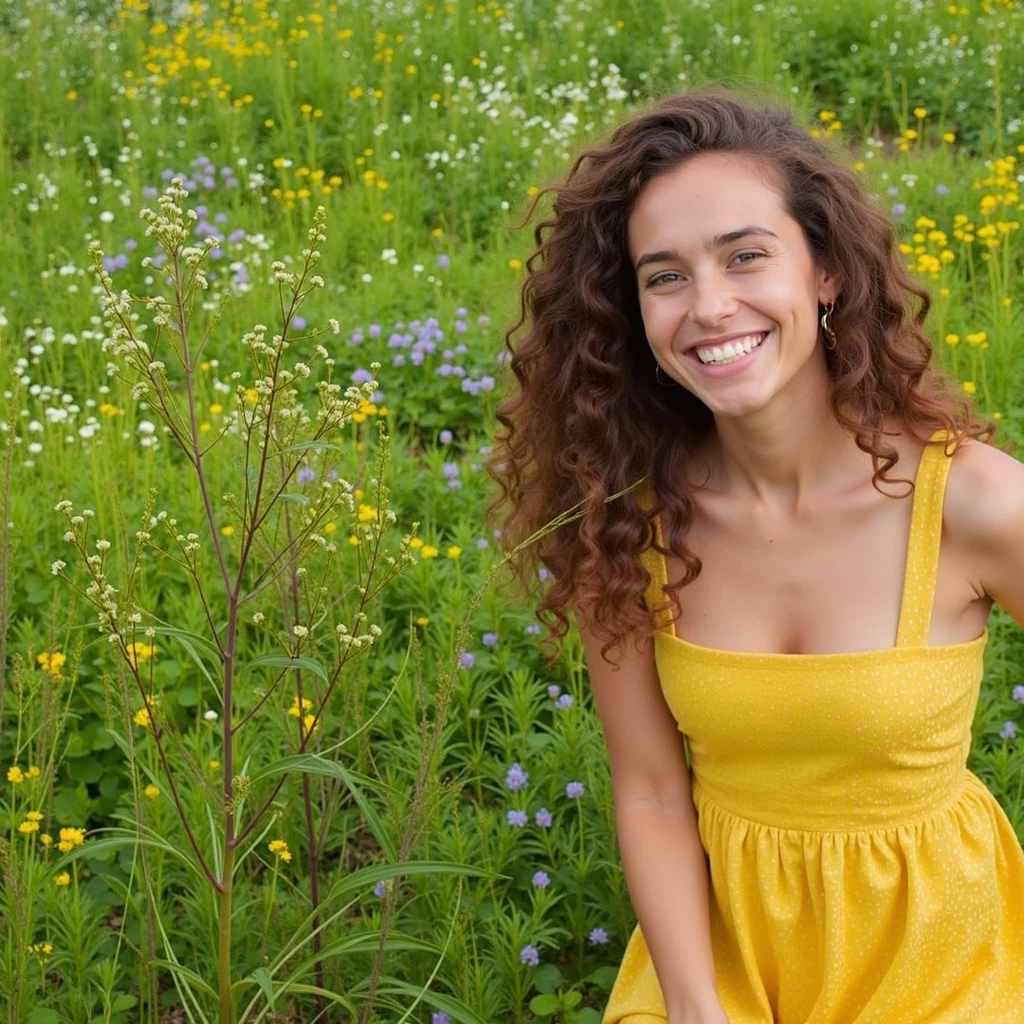 A brunette girl with curly hair and big breasts sits with her legs stretched out, taking a realistic photo