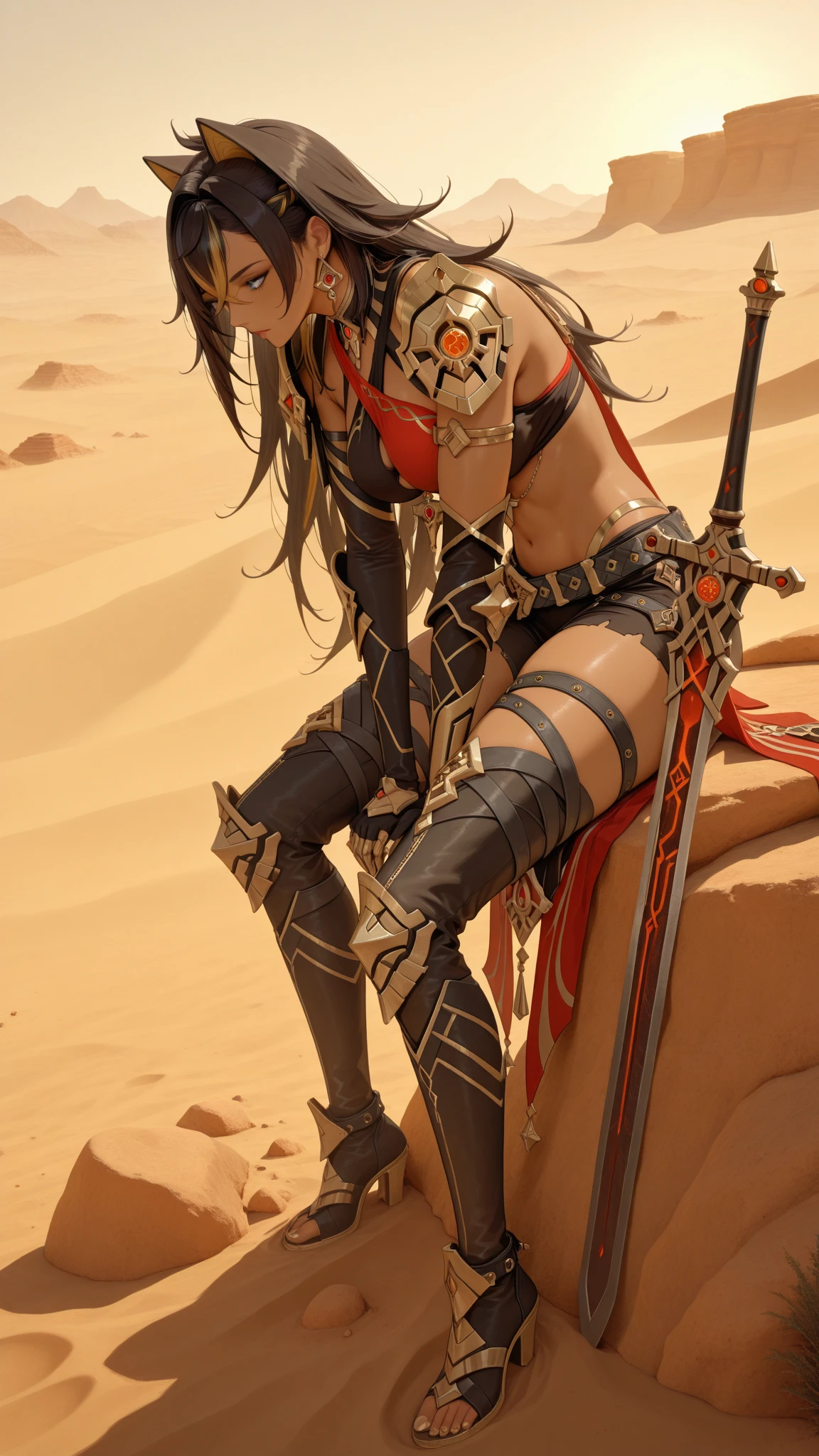 a woman in a costume with a cat ears and a sword, extremely detailed goddess shot, goddess. extremely high detail, hyperdetailed fantasy character, unreal engine render + a goddess, cinematic goddess body shot, a very beautiful berserker woman, highly detailed character, highly detailed and colored, full body close-up shot, wearing loincloth, african goddess, african culture, dark skin, black girl, african