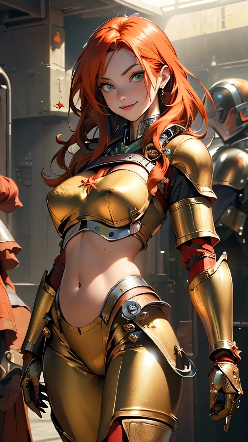 red translucent armor，Arm mecha，Short golden hair，Long ponytail hairstyle，Large Breasts，Cleavage，Pistol hanging from waist，fighter pilot，fighter hangar，Sexy，Lipstick，Miss，Golden Eyes，stockings，Short skirt