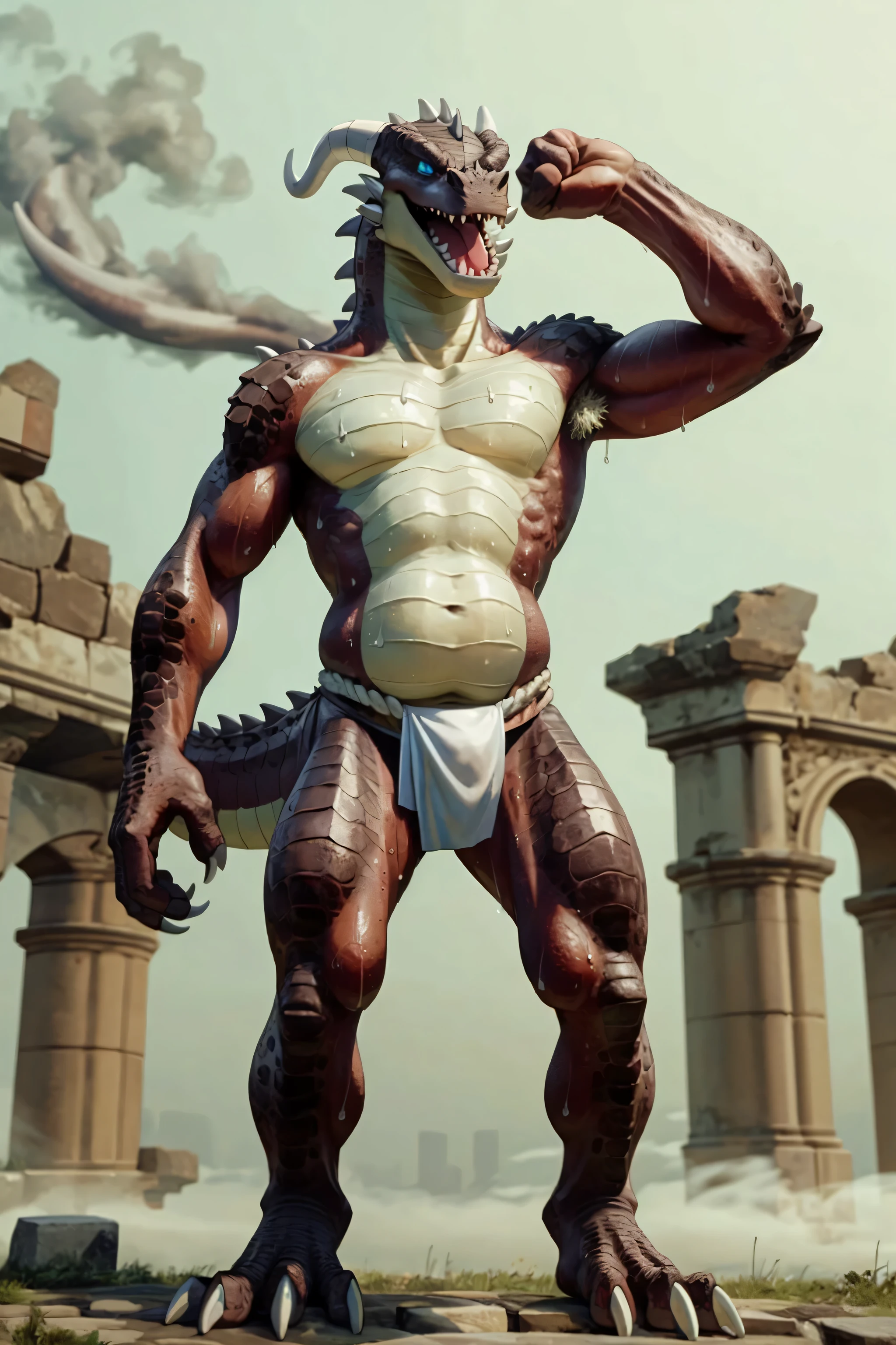 kaido, dragon king, male dragon, eastern dragon, very big muscles, hulking,  extremely strong, big abdominal muscles, hefty musclegut, pecs, feet, claw, full body, loincloth, one piece, HDR,  nipples, sunlight, daylight, outdoor, sunshine, at noon, on beach, good weather,