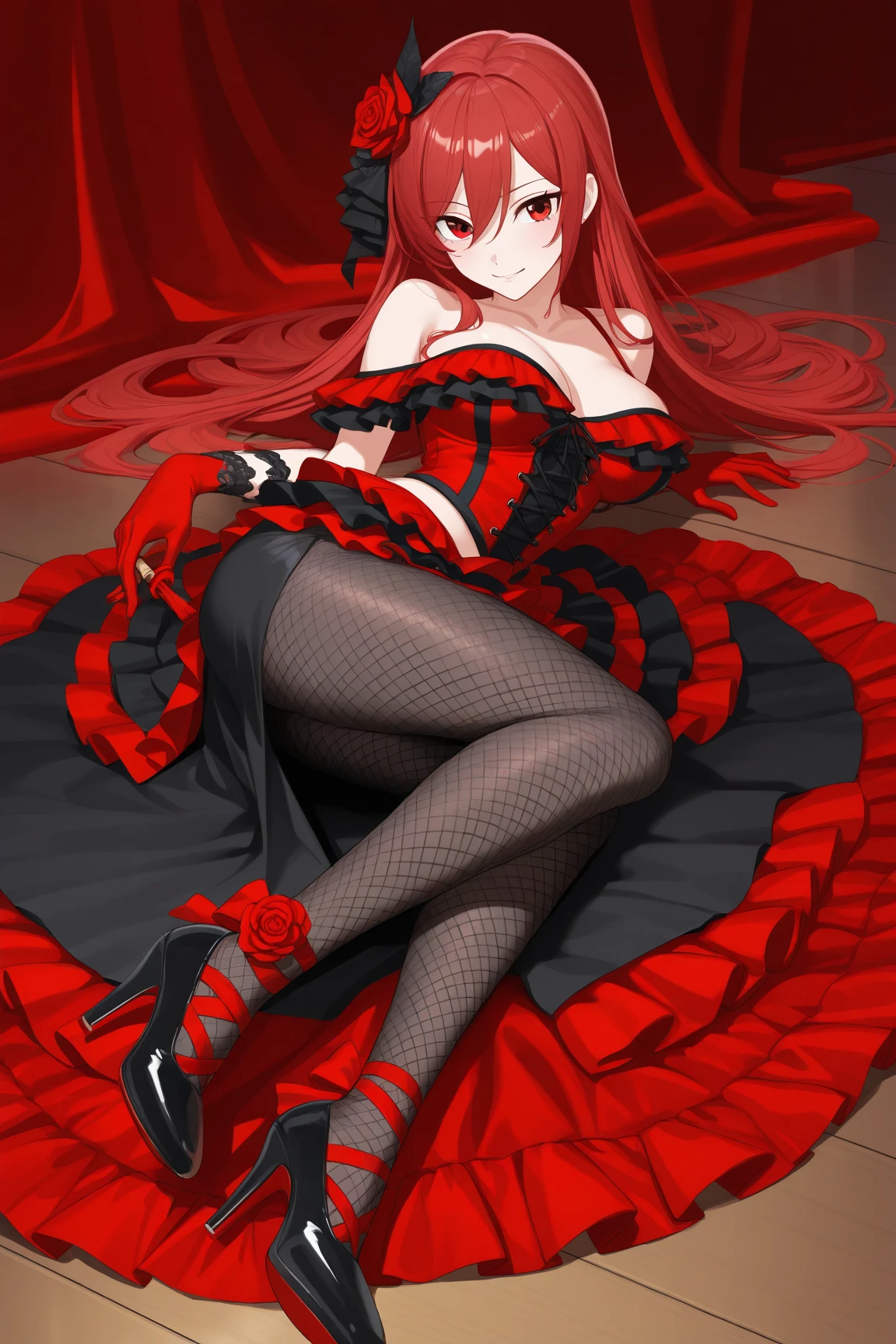 a woman with red hair and horns sitting on a bed, seductive anime girl, beautiful alluring anime woman, succubus in tight short dress, gothic maiden anime girl, beautiful anime woman, beautiful succubus, red haired goddess, female anime character, anime woman, medium sized breasts, mouth open