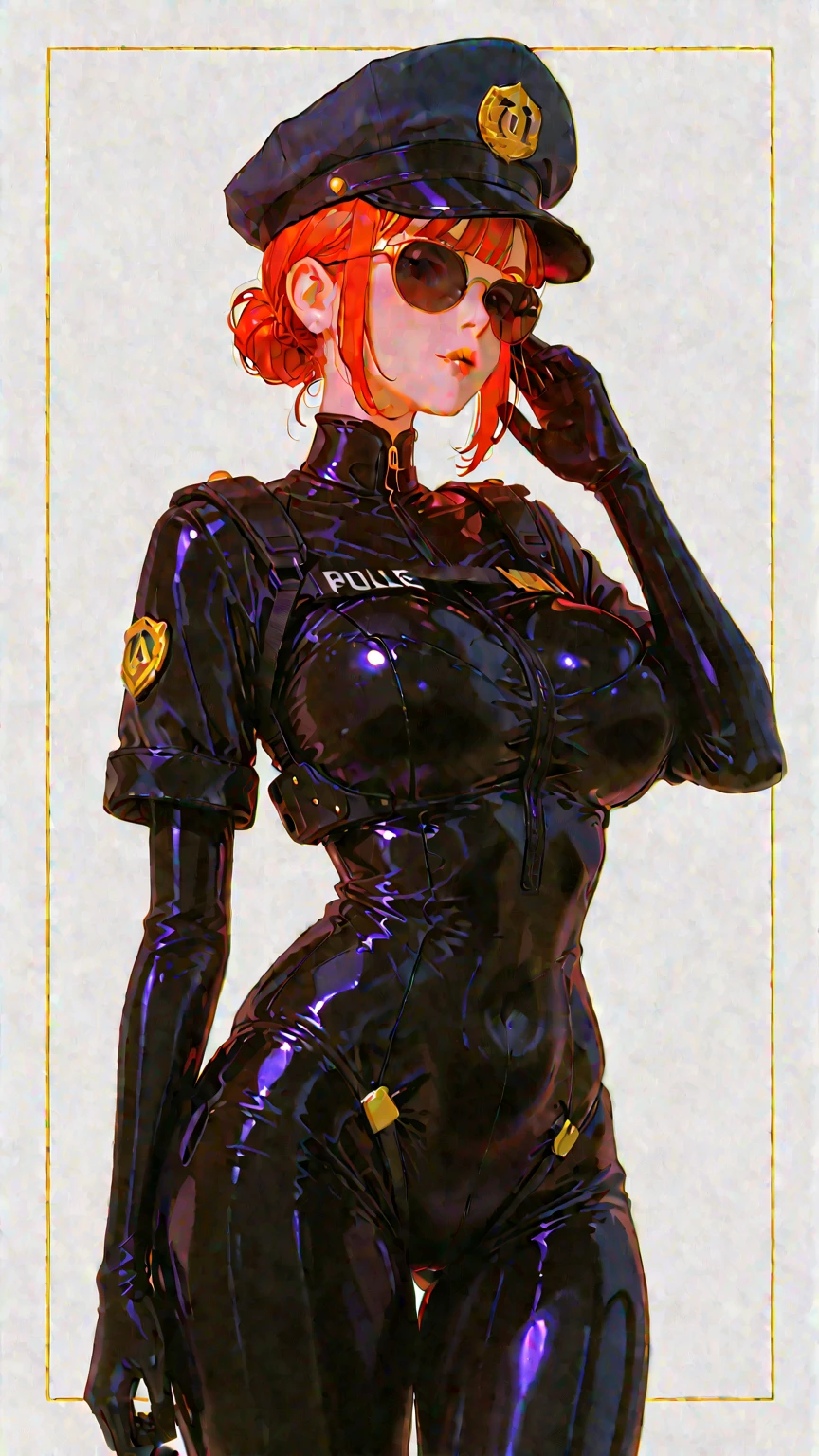 Femme Fatale, gorgeous mechanic, atompunk, blank background, retro-futurism, mechanical hand, cybernetic augments, unzipped orange jumpsuit, gunmetal grey, cleavage, half shaved head, ginger hair