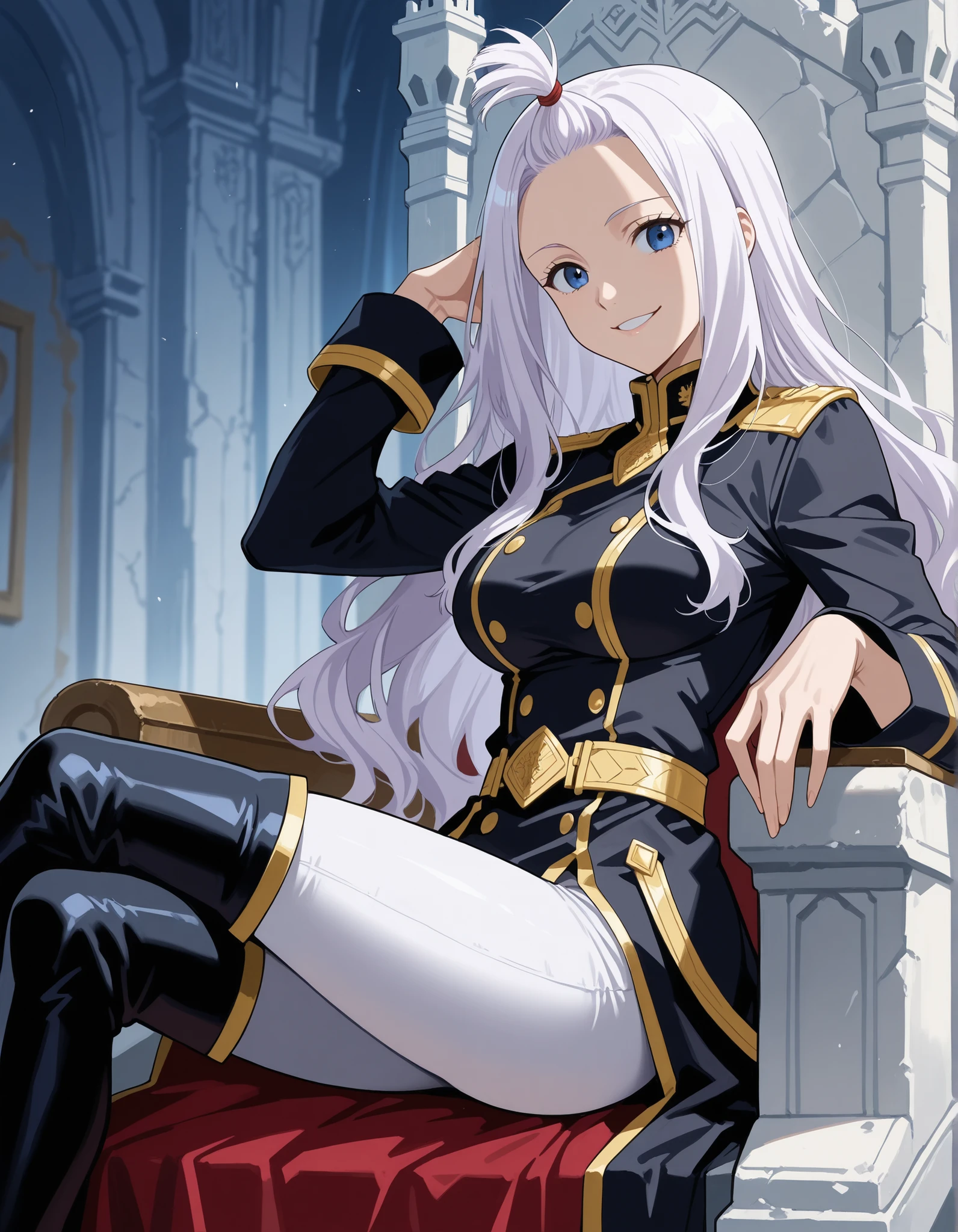 score_9, score_8_up, score_7_up, source_anime, solo, alone, 1 person, 1 woman, mirajanestrauss, mirajane strauss, long hair, blue eyes, white hair, forehead, outfit with gold trim, black top, tight pants, white pants, black thigh boots, black coat
in a white castle,looking at viewer, seductive, sitting on throne, crossed legs, view fromm bellow, view from side, smile