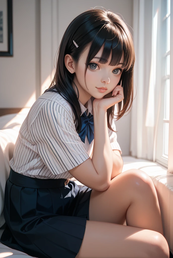 ((9year old girl:1.5)), 1 girl, loli, petite girl, complete ???????, whole body, children's body, child, super cute, girl, little girl, beautiful girl, beautiful shining body, bangs,brown hair,high eyes,(aquamarine eyess), drooping eyes, petite,tall eyes, beautiful girl with fine details, Beautiful and delicate eyes, detailed face, Beautiful eyes, beautiful shining body, bouncy hair,
school uniform, thighhighs, serafuku, skirt, black serafuku, socks, classroom,akebisailor,blurry background,serafuku,
natural light,((realism: 1.2)), dynamic far view shot,cinematic lighting, perfect composition, by sumic.mic, ultra detailed, official art, masterpiece, (best quality:1.3), reflections, extremely detailed cg unity 8k wallpaper, detailed background, masterpiece, best quality, (masterpiece), (best quality:1.4), (ultra highres:1.2), (hyperrealistic:1.4), (photorealistic:1.2), best quality, high quality, highres, detail enhancement,