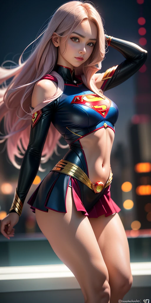 1sexy girl, vestindo traje de supergirl rasgado, voando, corpo firme, cabelos loiros, olhos azuis brilhantes, pose sensual.