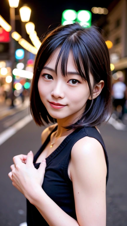 1 Girl, Tokyo Street,night, Streetscape,City lights,Upper Body,close,smile,, (8K, Raw photo, highest quality, masterpiece:1.2),(Realistic, photo-Realistic:1.37),