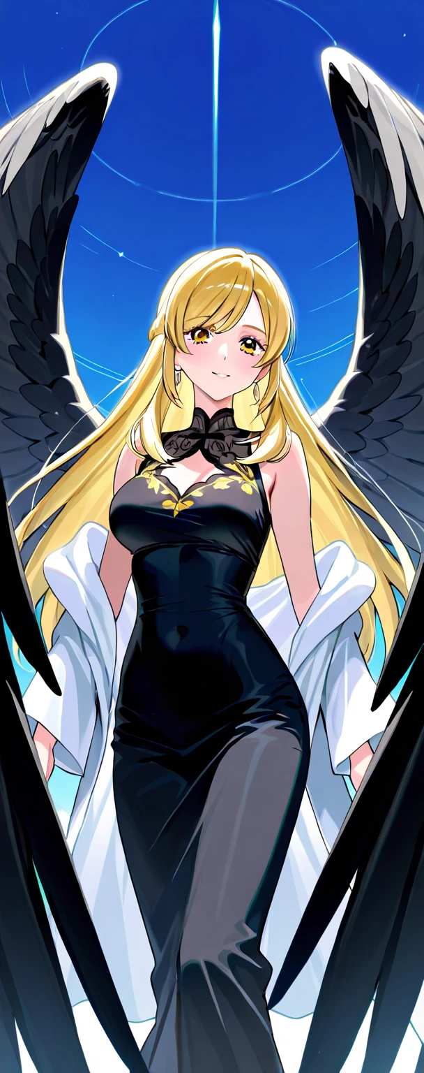 Hazbin hotel oc, beautiful arch angel, six wings, blonde, blue eyes. Mature woman, 1 girl
