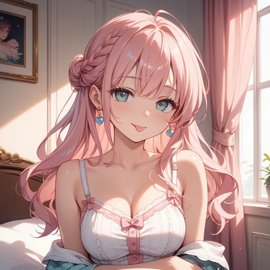 Tabletop, High resolution, 8K, Anime Women, Delicate and detailed writing 、Detailed digital illustration、Very long and shiny hair、bangs、Very beautiful woman、Double Eyes, big, Bust is D cup、high resolution, high quality、Detailed Background、(((idolの衣装を着て)))、((Pink Room Background))、The inside of your eyes shine like diamonds、Light pink hair、Gradient pupil、(((Two arms、Four fingers, One thumb)))、Detailed female face、Very beautiful and cute woman、、Detailed Background、masterpiece、Soft Focus , Bright gradient watercolor , Lens flare , (((Sparkling))) , shine , dream-like , 、Less exposure、Nothing at hand、idol、Pink Ribbon、A very beautiful red rose hair accessory、Pink and gold outfit、White is the main color of the outfit、((Sleep))、Raise the hand、(((Pink Background))) (((Lying in bed)))