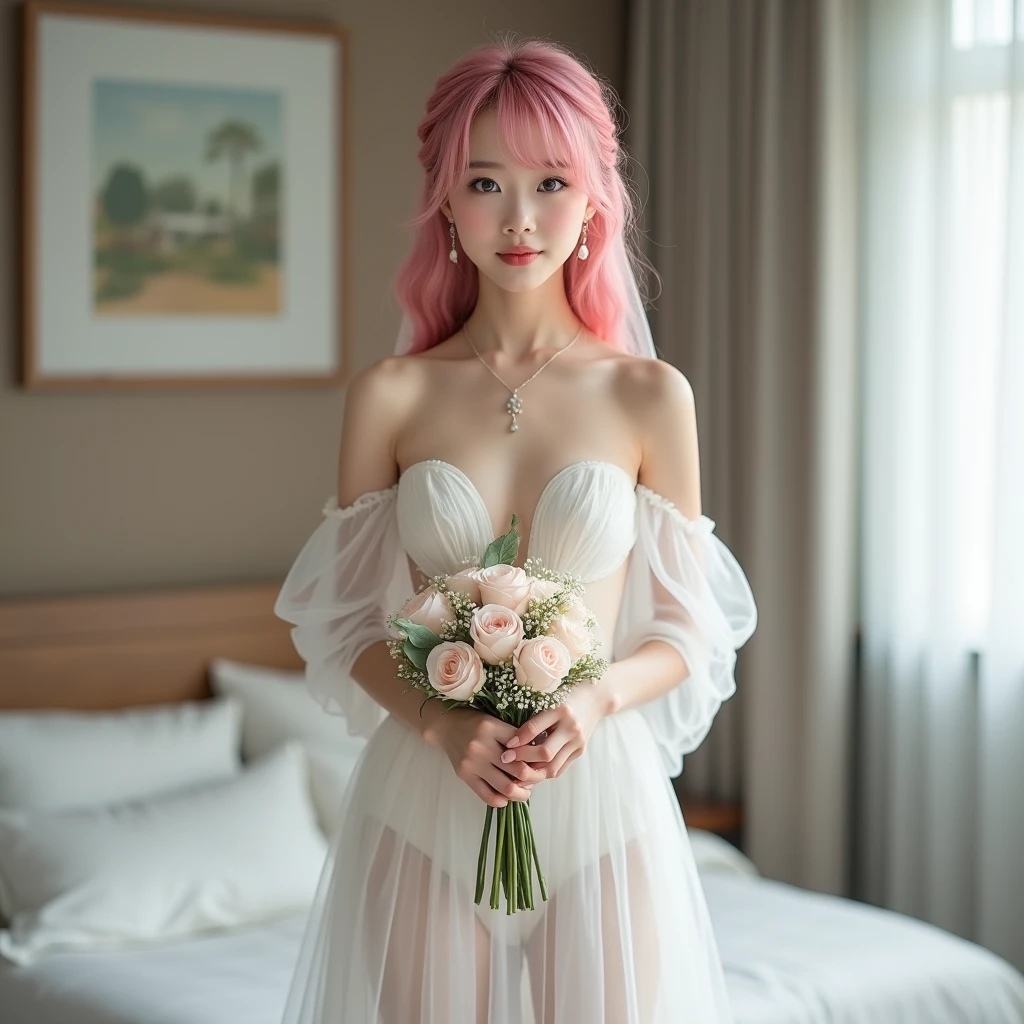 (8K, top-quality, masterpiece:1,2), (reallistic, Photorealsitic:1.37), Super Detail, One girl,), (Highly detailed), (beautifully detailed eyes), (of the highest quality), (super detailed ), (masterpiece), (Detailed face),20yr old, ,1 girl, full body, pink hair,Very short hair, medium breasts, clothed, Perfect Lighting, pussy and breast focus, looking at viewer, aroused face, naughty face, mermaid-Line wedding dress, veil, forest church, clear skies, outdoor,