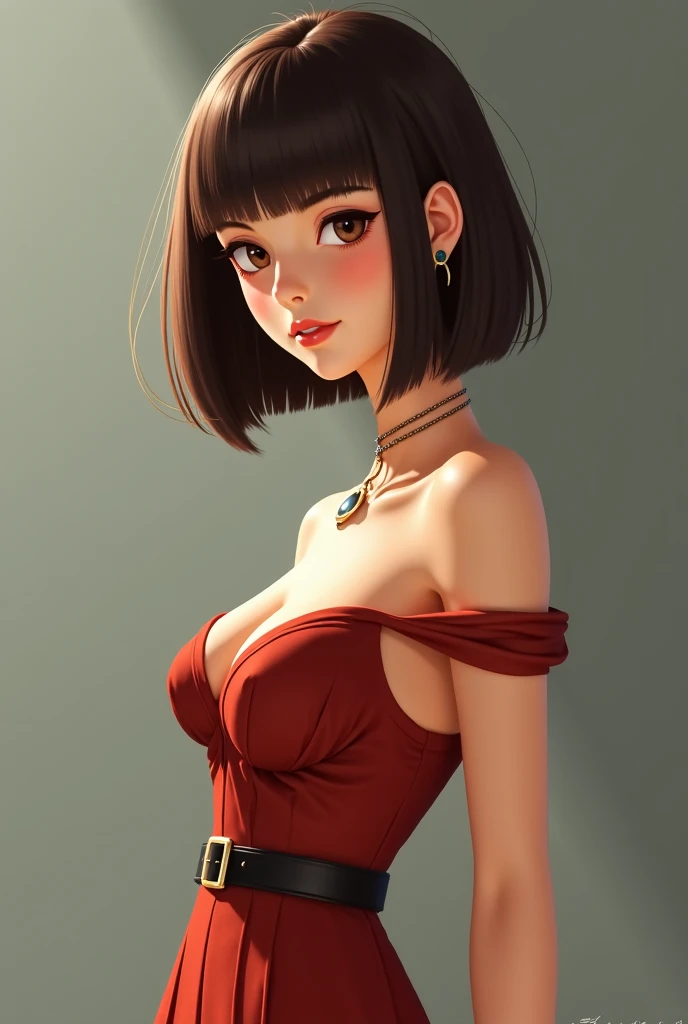 one asian girl, ada wong, solo, abs, slender body, (upper body, bust:1.2), black eyes, black hair, (pixie haircut, short hair:1.3), choker, (red dress, tiny breasts, small breasts, male chest, cleavage, exposed breasts, open breasts, naked breasts:1.5), bare shoulders, belts, shoulder-belts, masterpiece, highly detailed, look at viewer, shiny blured orange background, gradient sprayed background, front view, gradient red purple background, blured background, glowing edges of image