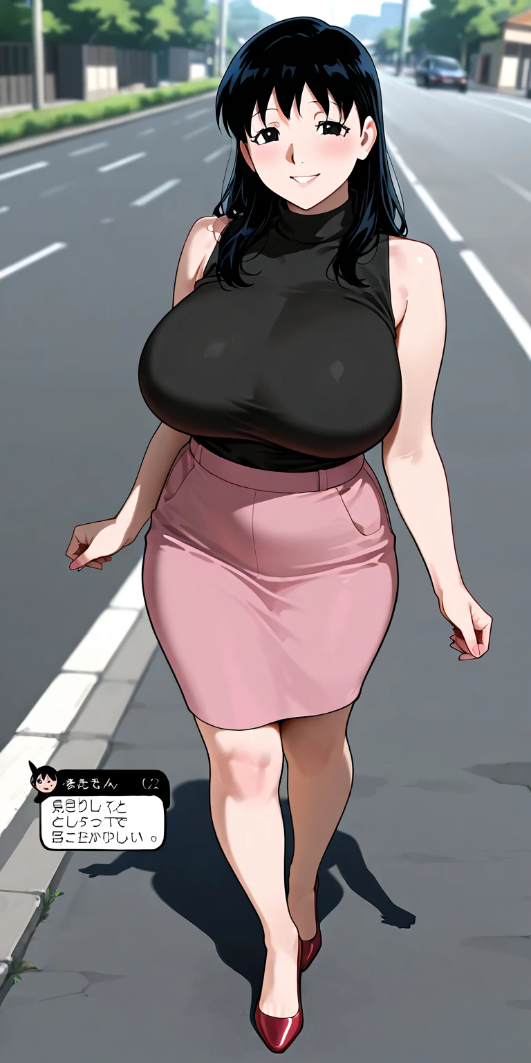 smile, Pencil_Dress, pink eyes, green hair, wide hips, gigantic breasts, cityscape, gigantic breasts, breasts out of dress, no bra, Pervertedly, shy, short green hair, stoplight, traffic, short height, 7 random women, group