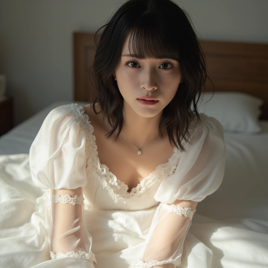 (lying prone),(from above:2),(Highest quality, Very detailed, masterpiece:1.2), 1 female, Very thin body, length, Thin legs, ((Black wavy short hair:1.2)), ((Thick and fluffy bangs)), Very detailedな顔,A faint smile, small, Thin Nose, small thin mouth, Extremely sharply focused eyes, Japanese, Beautiful Face, Realistic eyes, Beautiful and beautiful eyes, Realistic Skin, Beautiful Skin, charm, (Lively Faces), (flowing summer dress camisole evening), Creepy and unique hairstyles, High resolution, Vibrant color palette, , Tim Burton's signature dark shadows and strange details, ,background