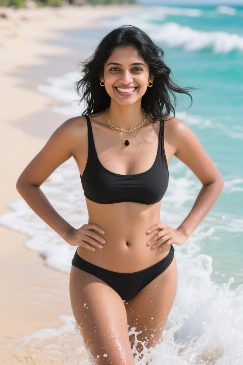 best quality, masterpiece, 1 girl of an Indian Female, wearing a black bikini, standing on a beach, ultra high res, in full view, Extremely Detailed 8K Wallpapers, ultra high res, ultra high quality