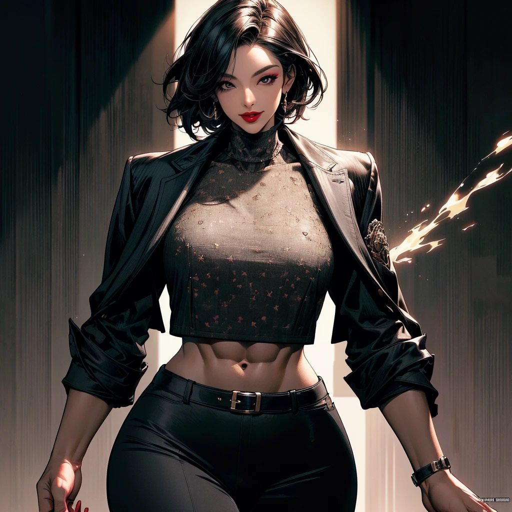 (best quality), 1girl, female, asian, white skin, black hair, medium hair, slicked back hair, brown eyes, perfect eyes, serious, yakuza, tattoo, black suit, wealthy, masterpiece, anatomically correct, highres
